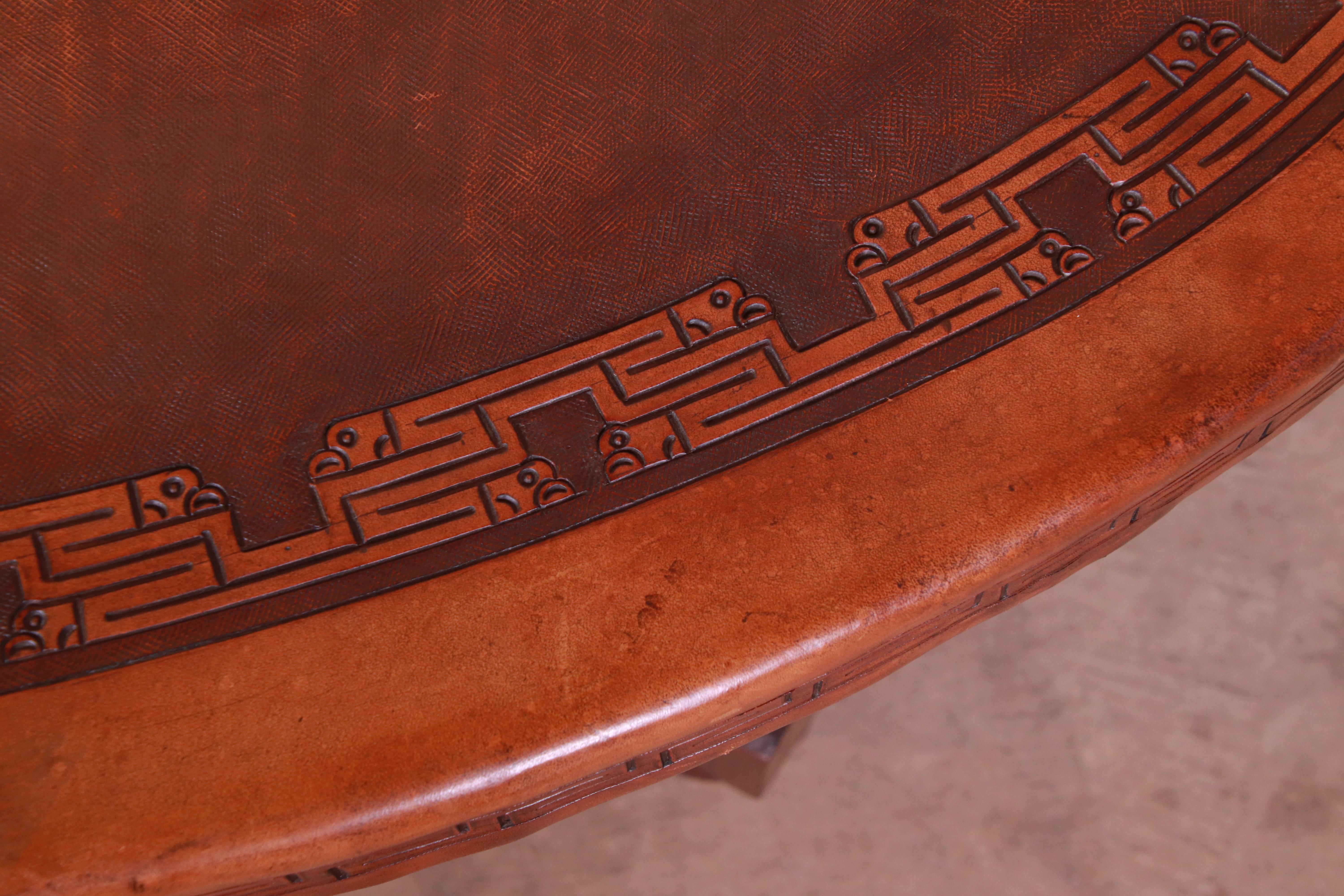 Mid-20th Century Angel Pazmino Mahogany and Tooled Leather Coffee Table, Ecuador, 1960s