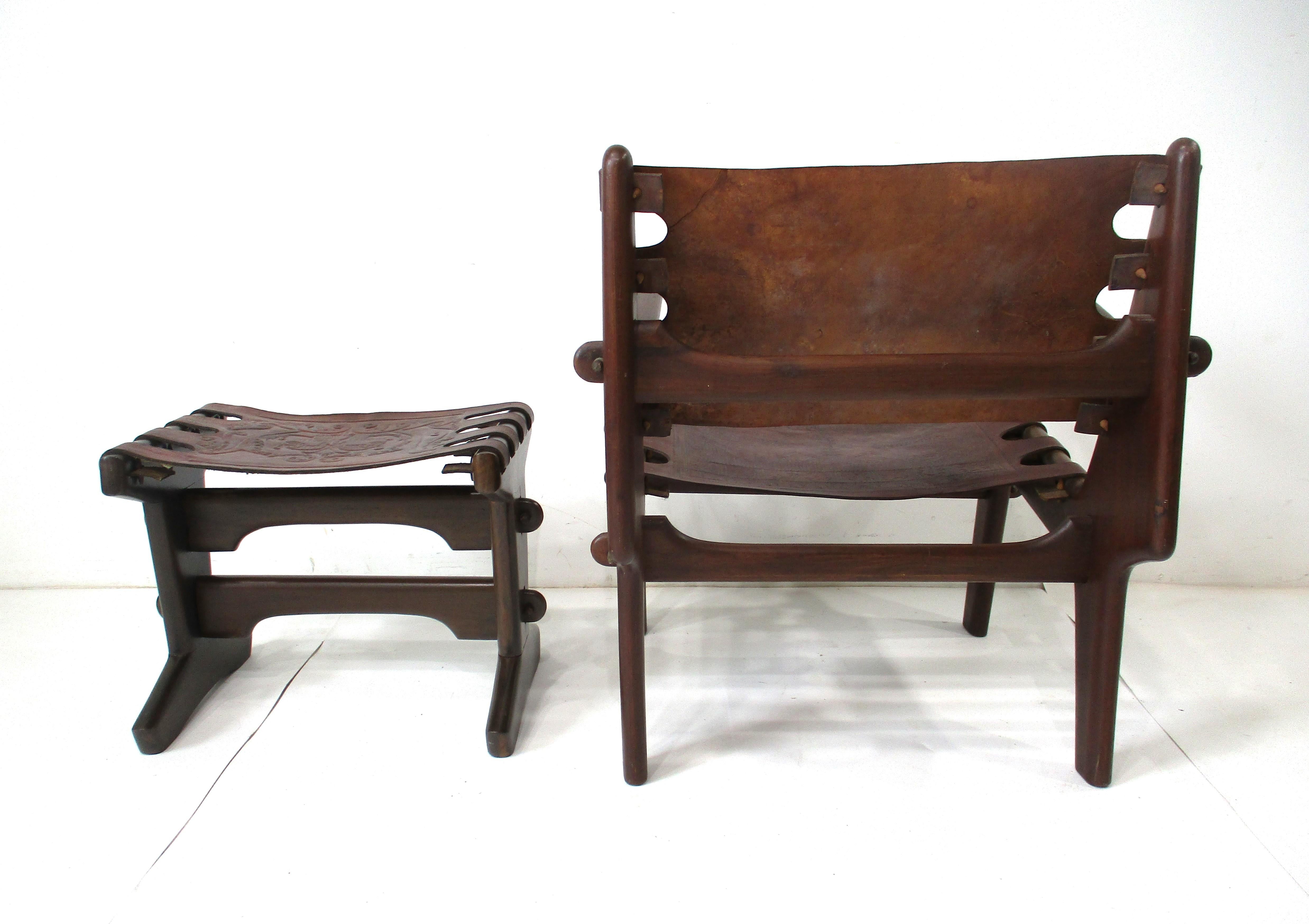 20th Century Angel Pazmino Mid Century Brazilian Rosewood / Leather Lounge Chair W/ Ottoman For Sale