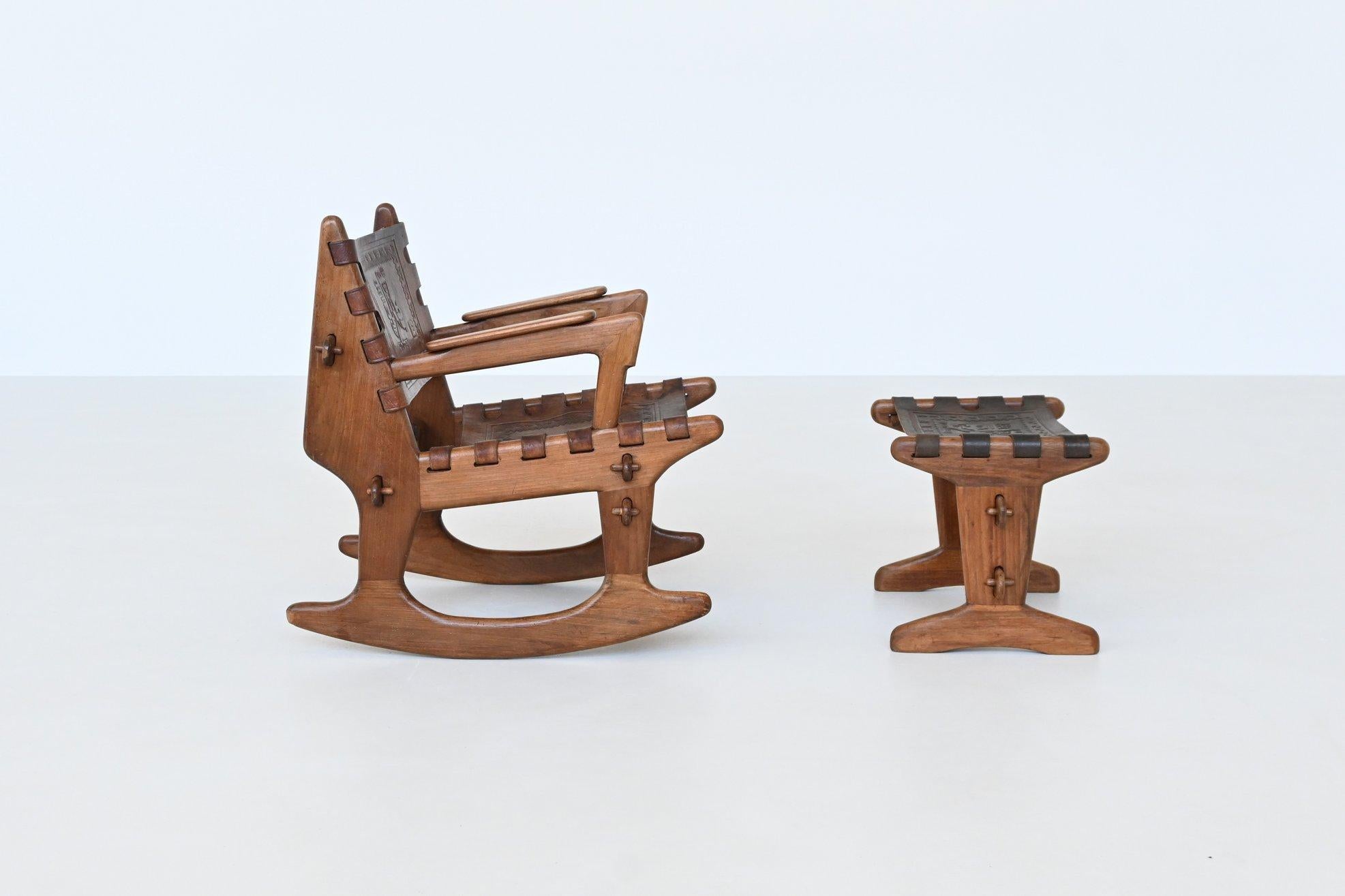 Brutalist Angel Pazmino rocking chair and hocker Muebles de Estilo Ecuador 1960 For Sale