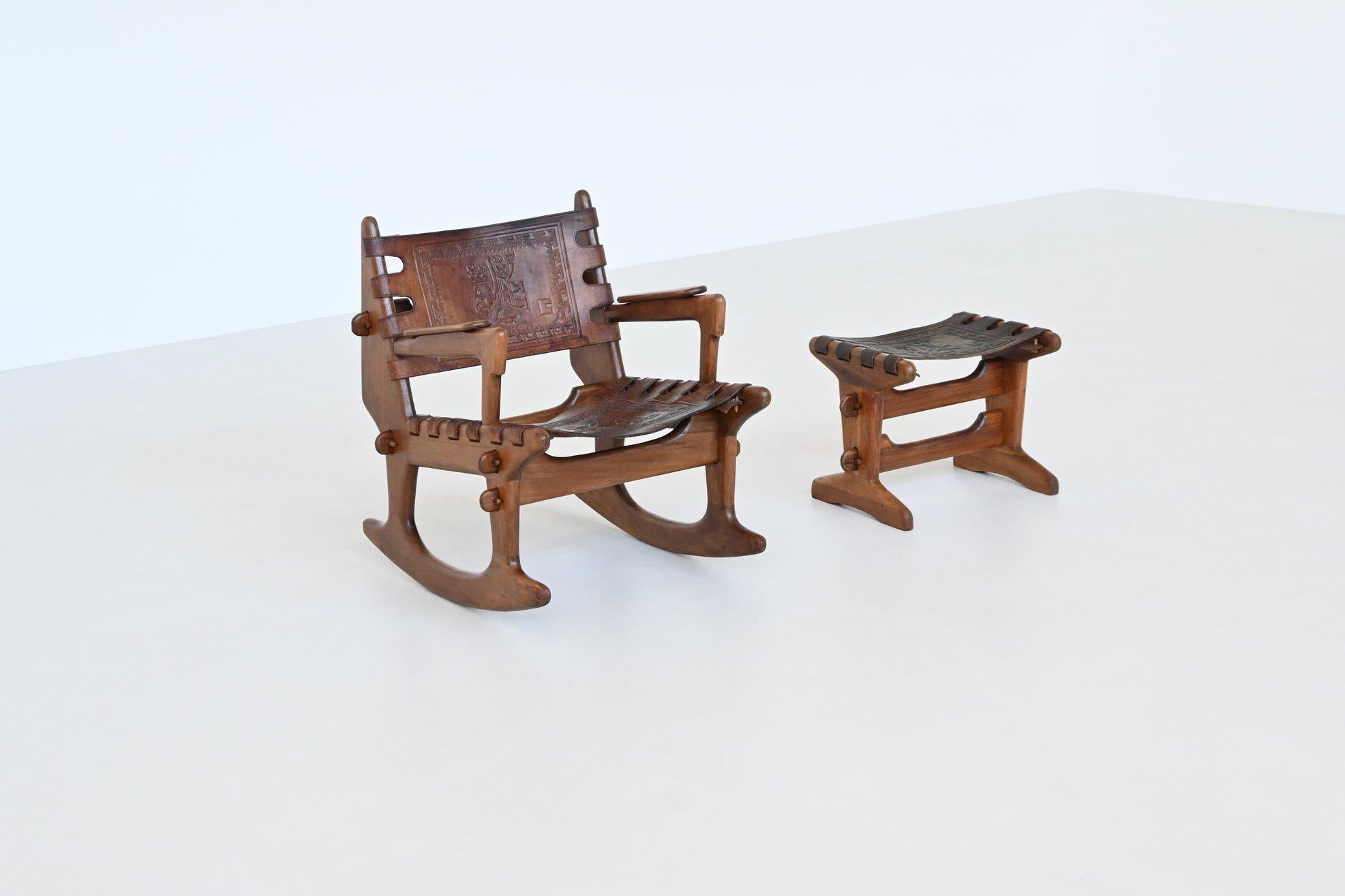 Leather Angel Pazmino rocking chair and hocker Muebles de Estilo Ecuador 1960 For Sale