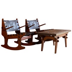 Angel Pazmino Rocking Chairs and Coffee Table Teak and Leather Ecuador, 1960