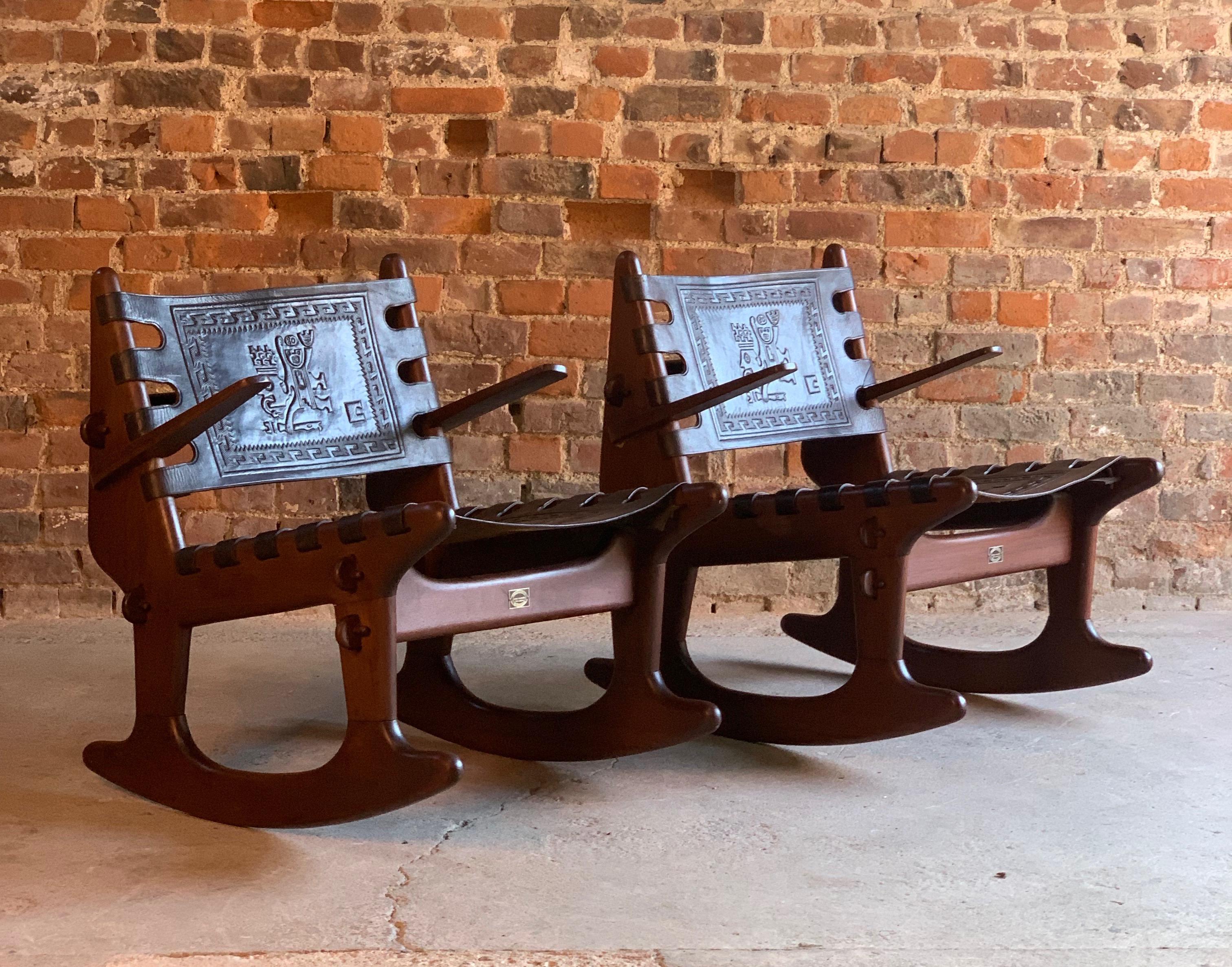 Embossed Angel Pazmino Rocking Chairs and Coffee Table Teak and Leather Ecuador, 1960