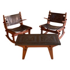 Angel Pazmino Rocking Chairs and Coffee Table Teak and Leather Ecuador, 1960