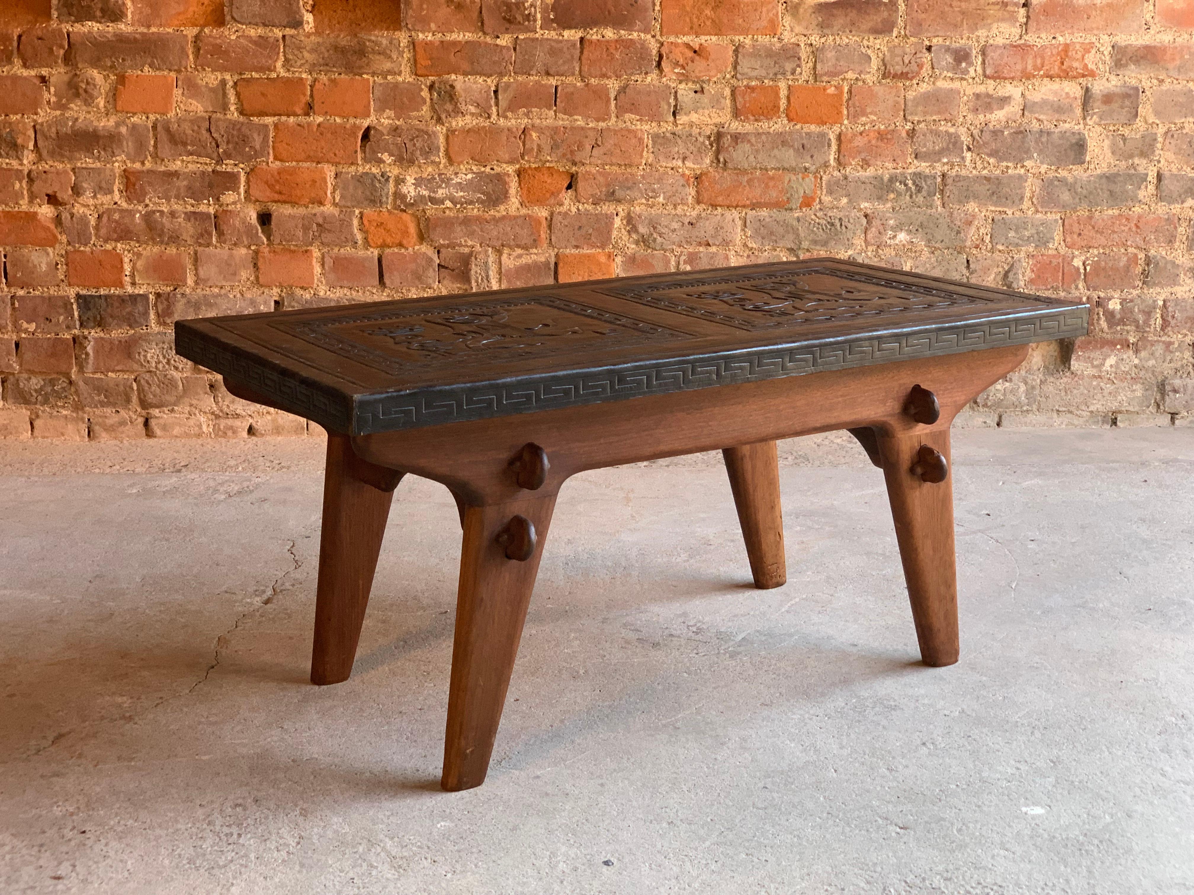 Embossed Angel Pazmino Rocking Chairs and Coffee Table Teak and Leather Ecuador, 1960