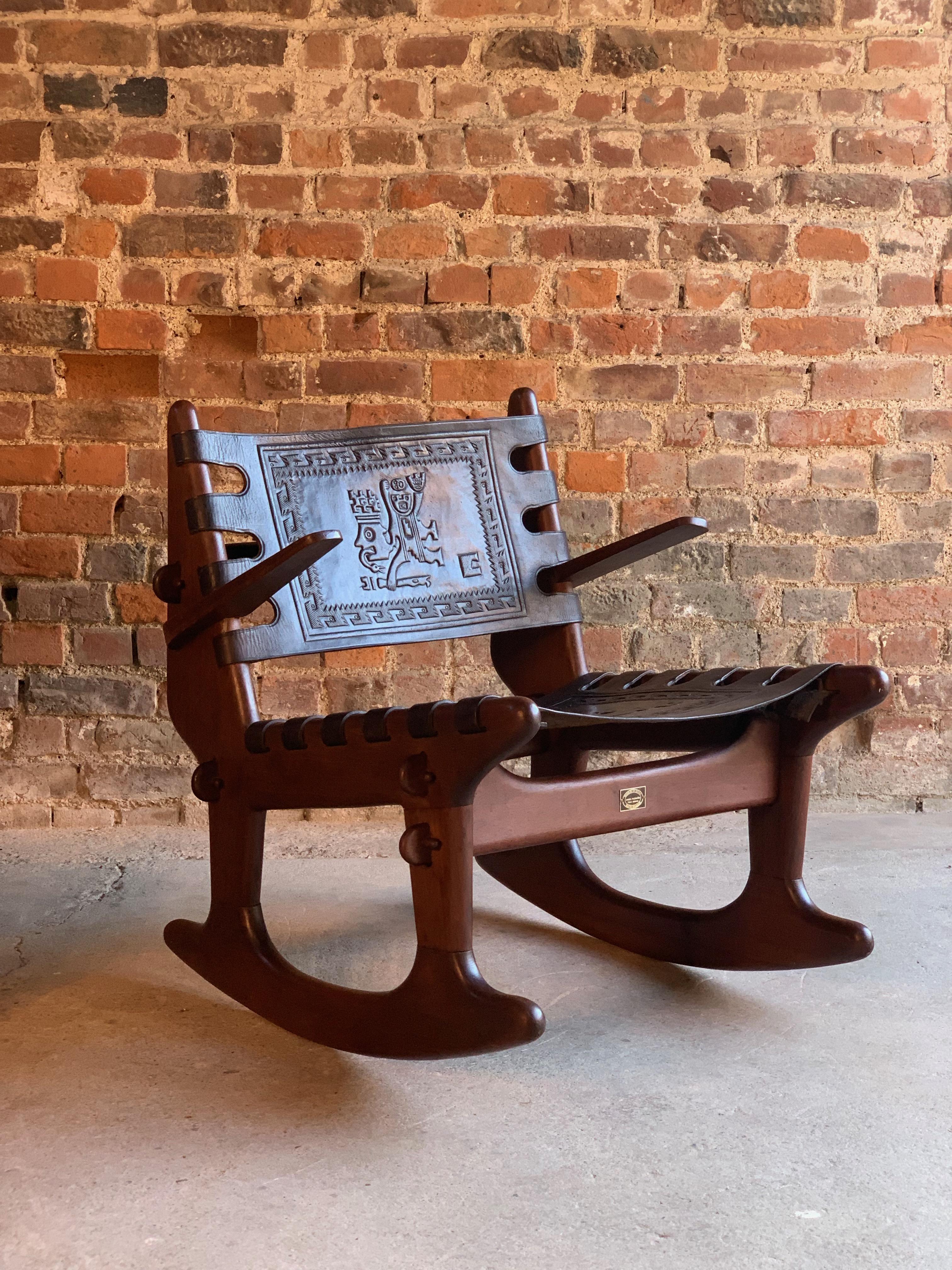 Mid-20th Century Angel Pazmino Rocking Chairs and Coffee Table Teak and Leather Ecuador, 1960