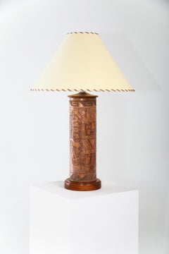 Angel Pazmino Table Lamp in Beech Wood and Tooled Leather, Ecuador, 1970s