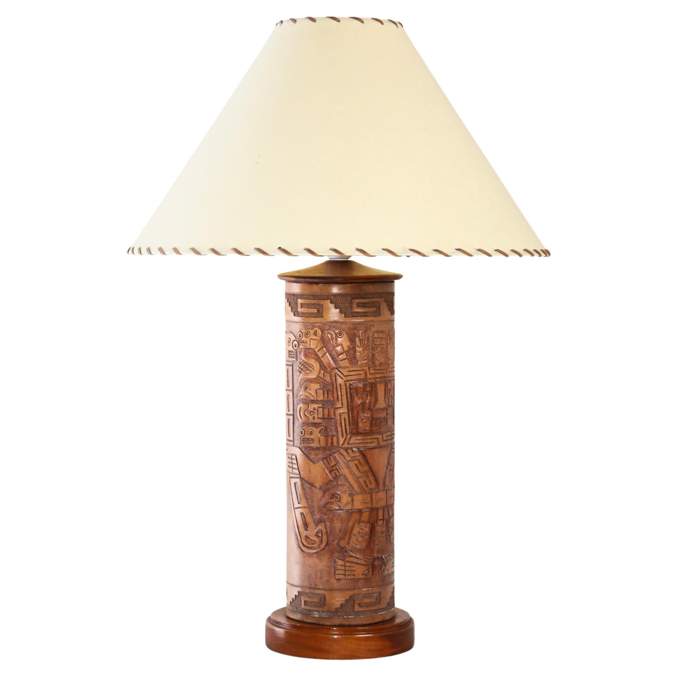 Angel Pazmino Table Lamp in Beech Wood and Tooled Leather, Ecuador, 1970s For Sale