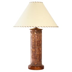 Angel Pazmino Table Lamp in Beech Wood and Tooled Leather, Ecuador, 1970s