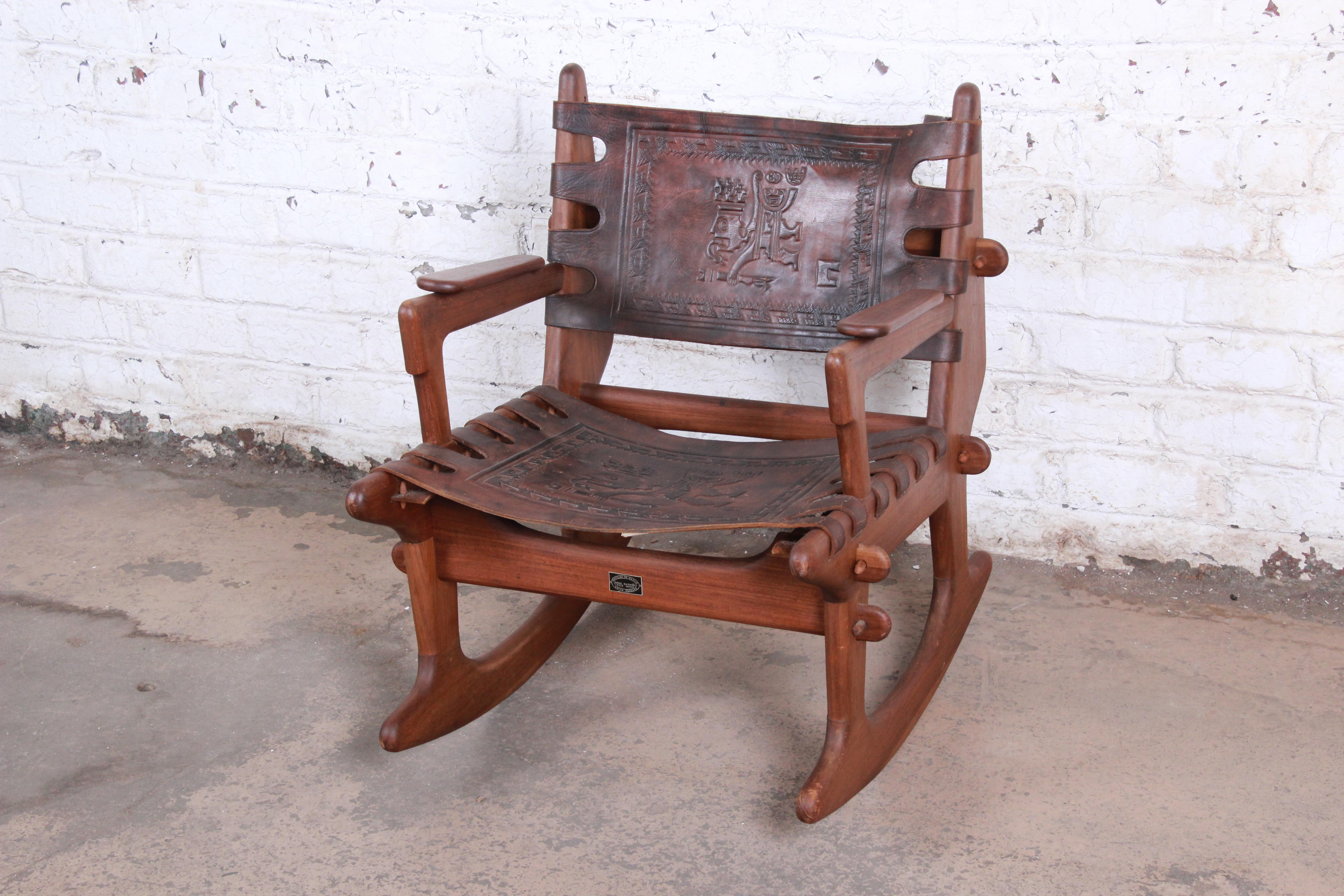 Ecuadorean Angel Pazmino Teak and Leather Rocking Chair with Ottoman, Ecuador, 1960s