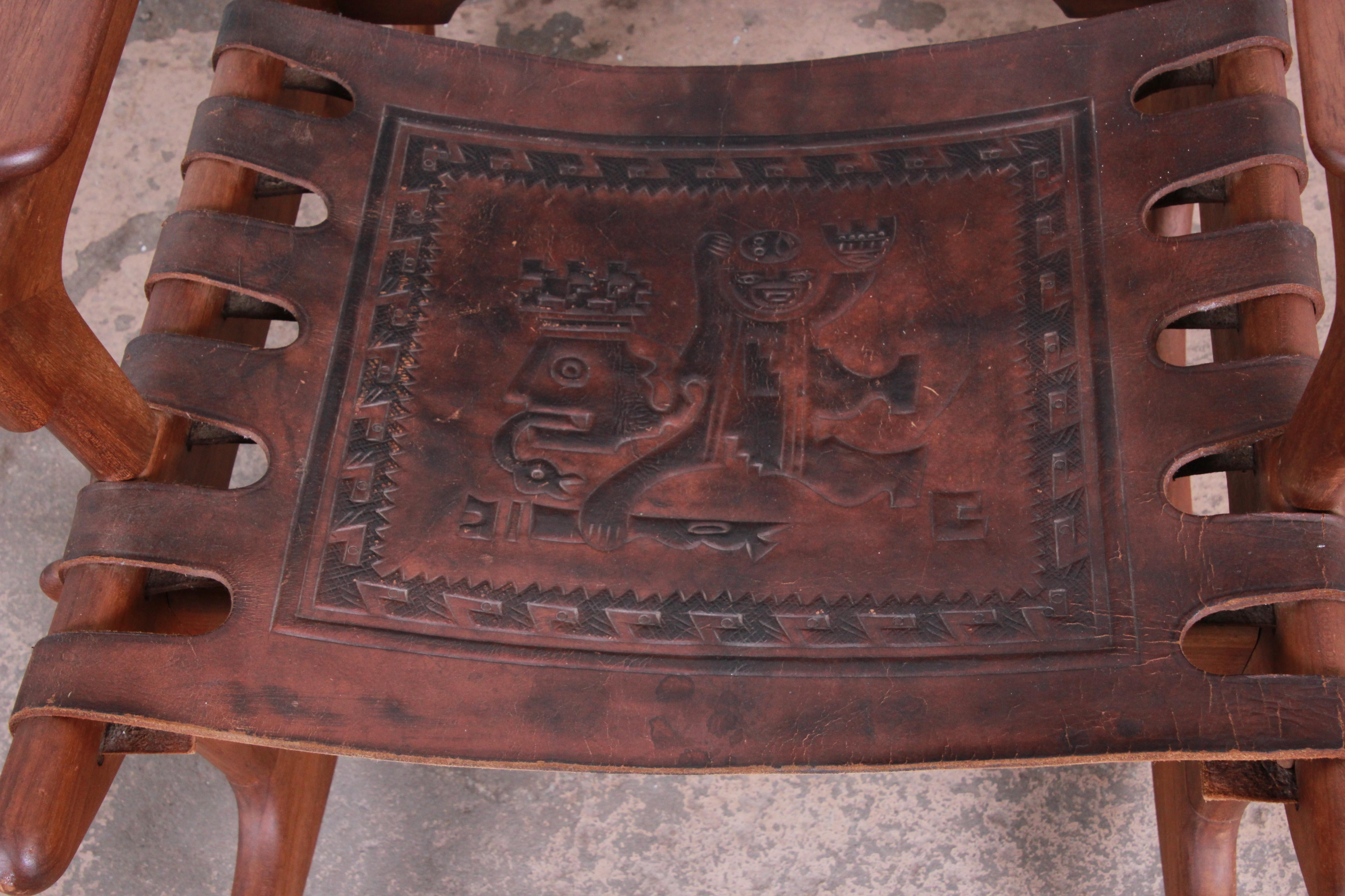 Mid-20th Century Angel Pazmino Teak and Leather Rocking Chair with Ottoman, Ecuador, 1960s