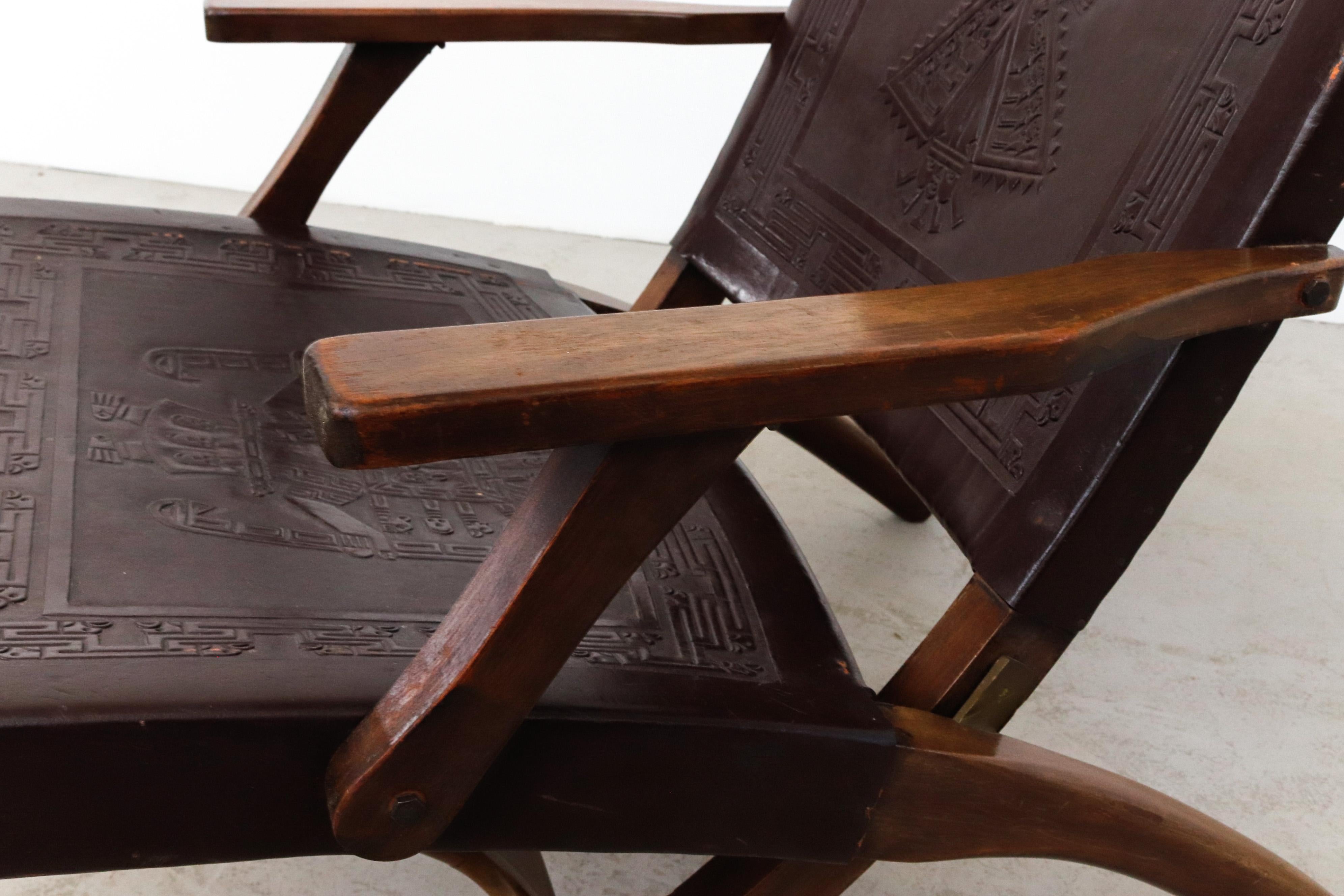 Angel Pazmino Dark Brown Tooled Leather Folding Arm Chair with Wood Frame For Sale 2