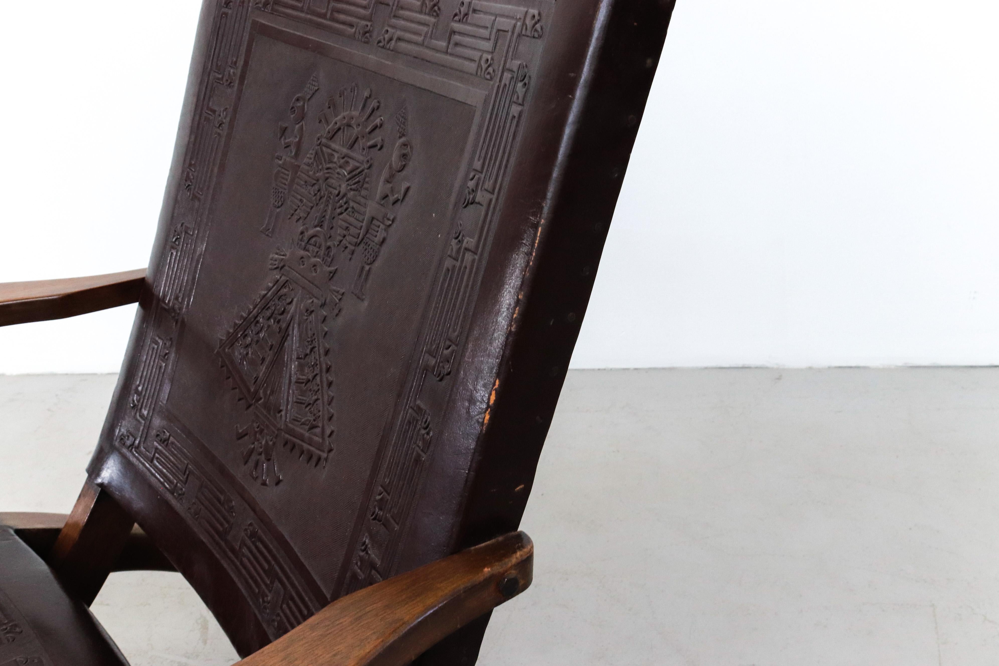 Angel Pazmino Dark Brown Tooled Leather Folding Arm Chair with Wood Frame For Sale 7