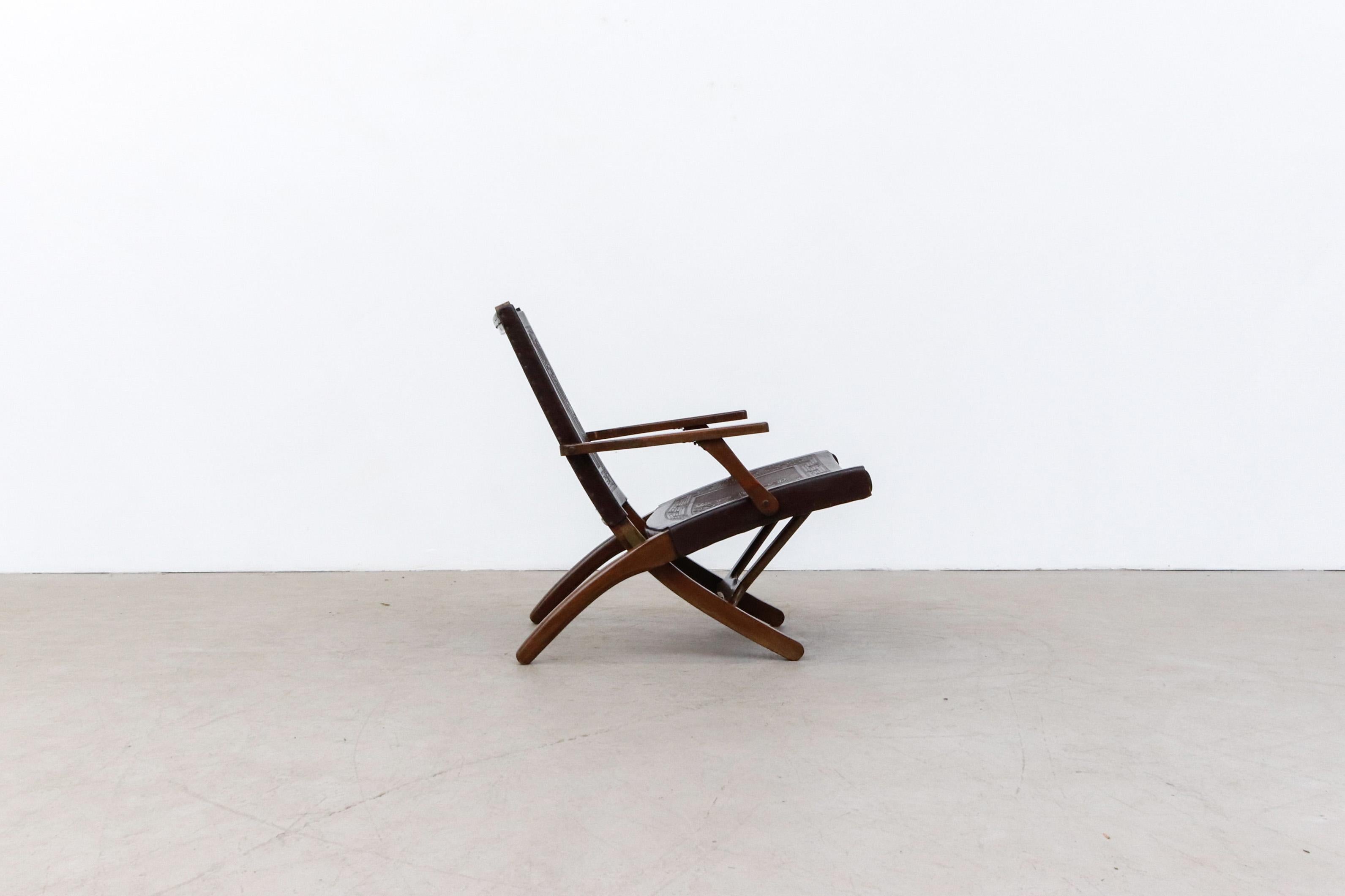 Ecuadorean Angel Pazmino Dark Brown Tooled Leather Folding Arm Chair with Wood Frame For Sale