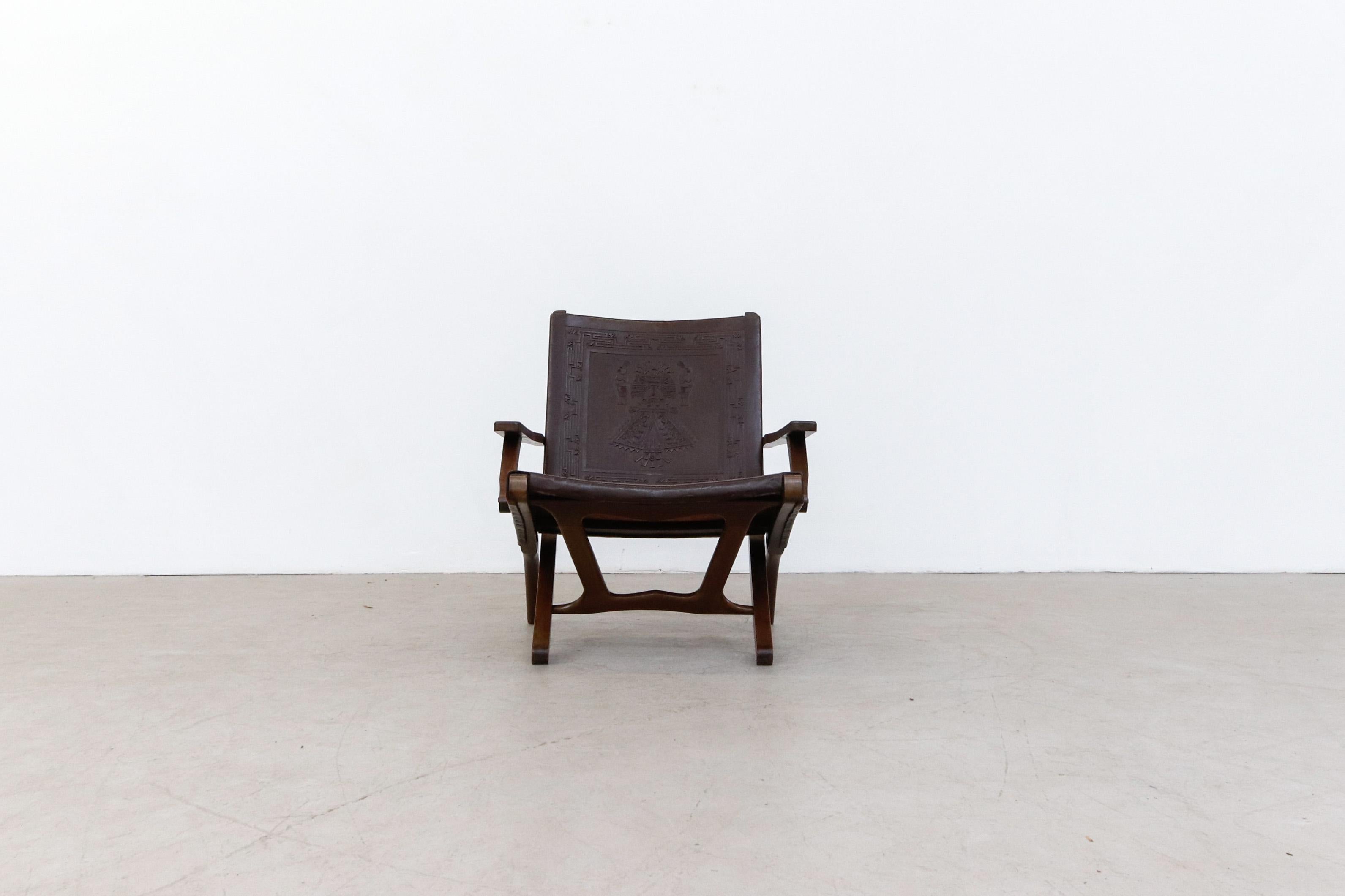 Angel Pazmino Dark Brown Tooled Leather Folding Arm Chair with Wood Frame In Good Condition For Sale In Los Angeles, CA