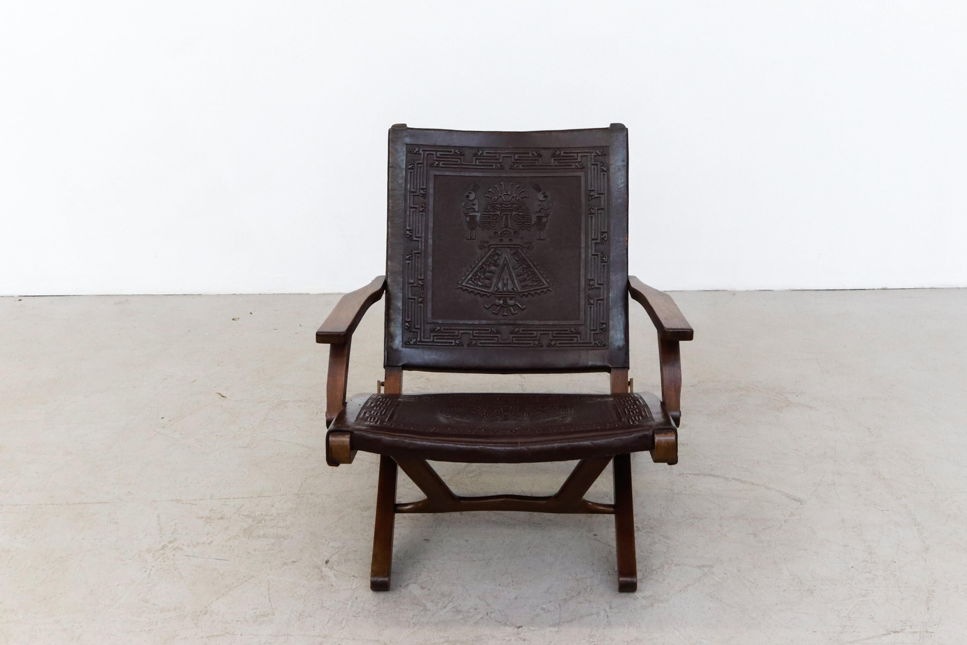 Mid-20th Century Angel Pazmino Dark Brown Tooled Leather Folding Arm Chair with Wood Frame For Sale