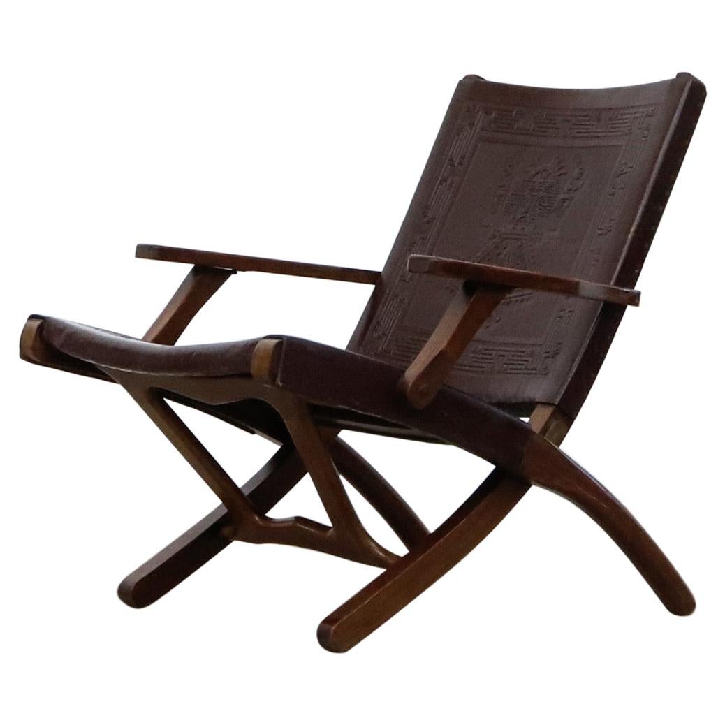 Angel Pazmino Dark Brown Tooled Leather Folding Arm Chair with Wood Frame For Sale