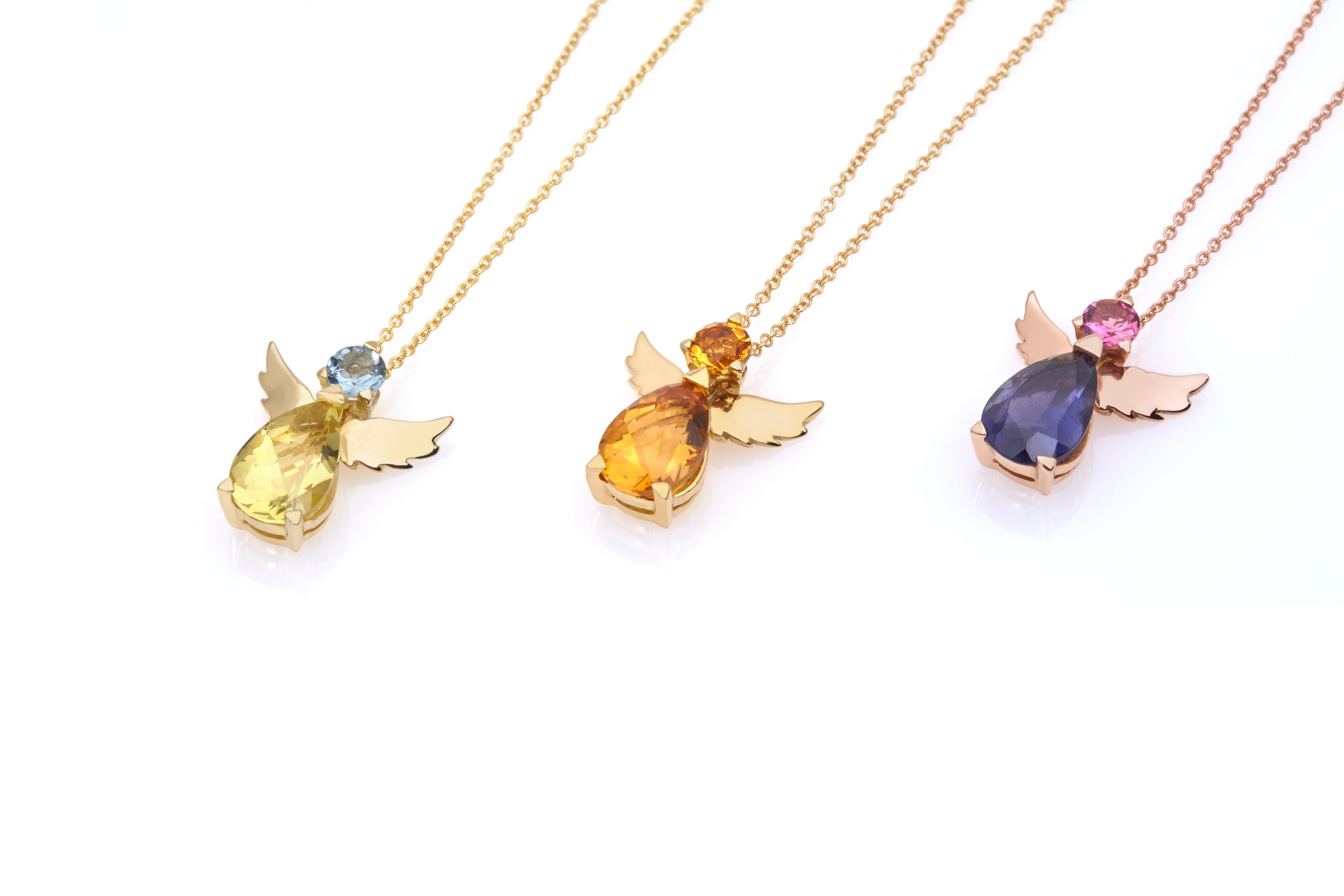 Modern Angel Pendant Necklace 18kt Rose Gold Pink Tourmalin Purple Iolite Gift for Her For Sale