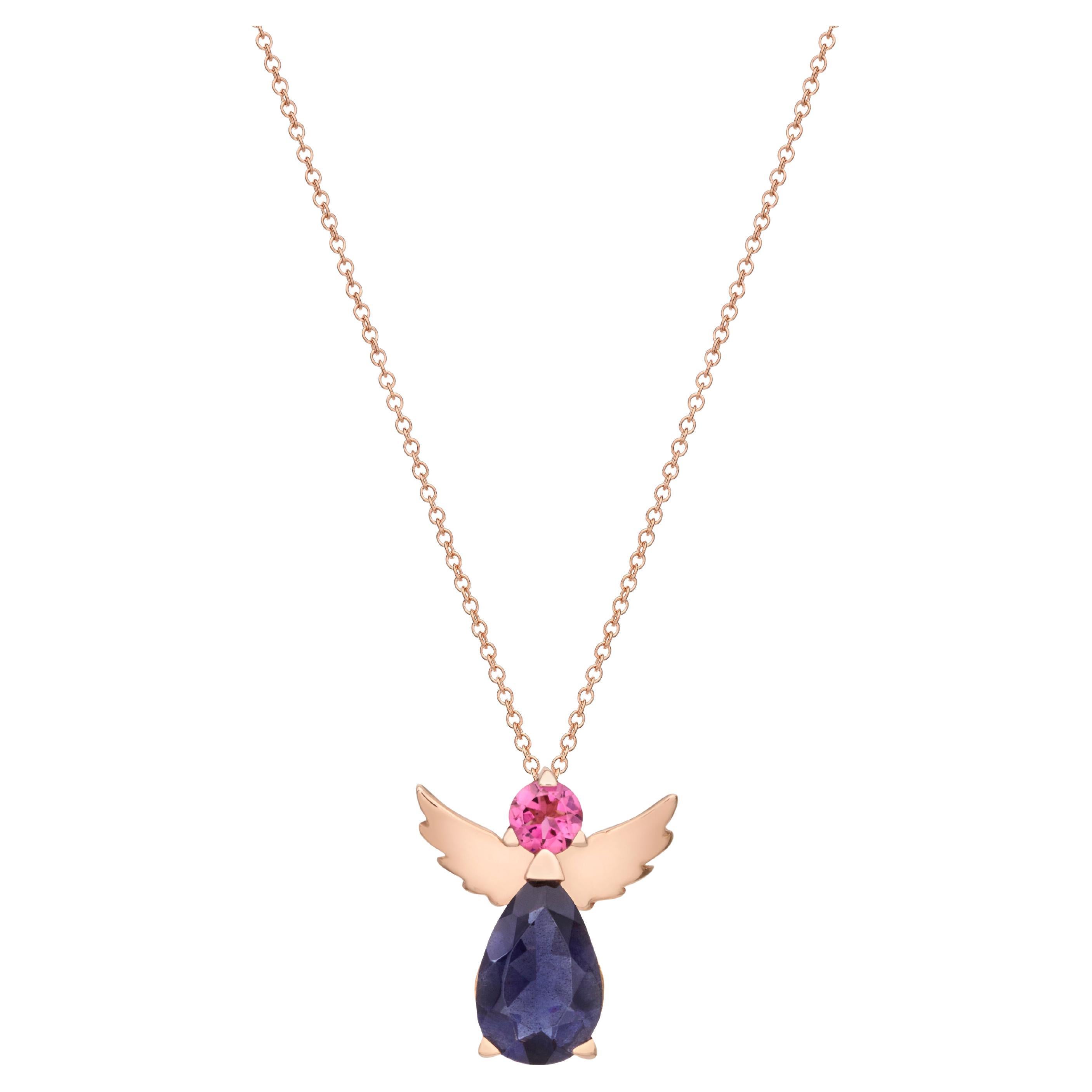 Angel Anhänger Halskette 18kt Roségold Rosa Turmalin Lila Iolith Geschenk für sie im Angebot