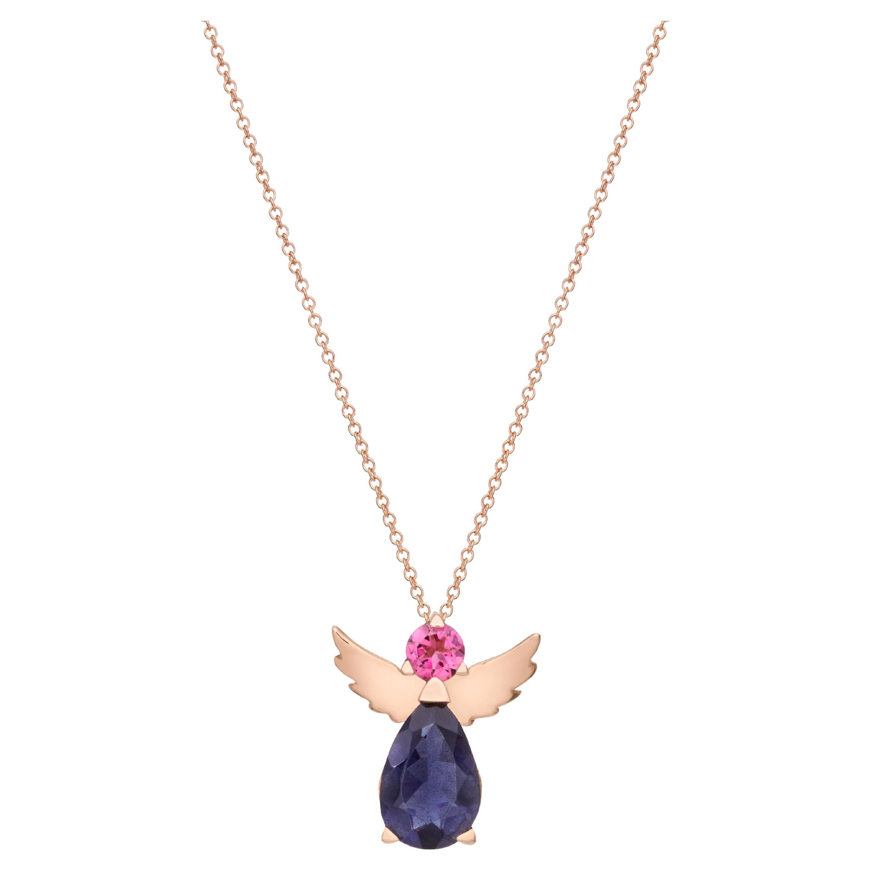 Angel Pendant Necklace 18kt Rose Gold Pink Tourmalin Purple Iolite Gift for Her For Sale