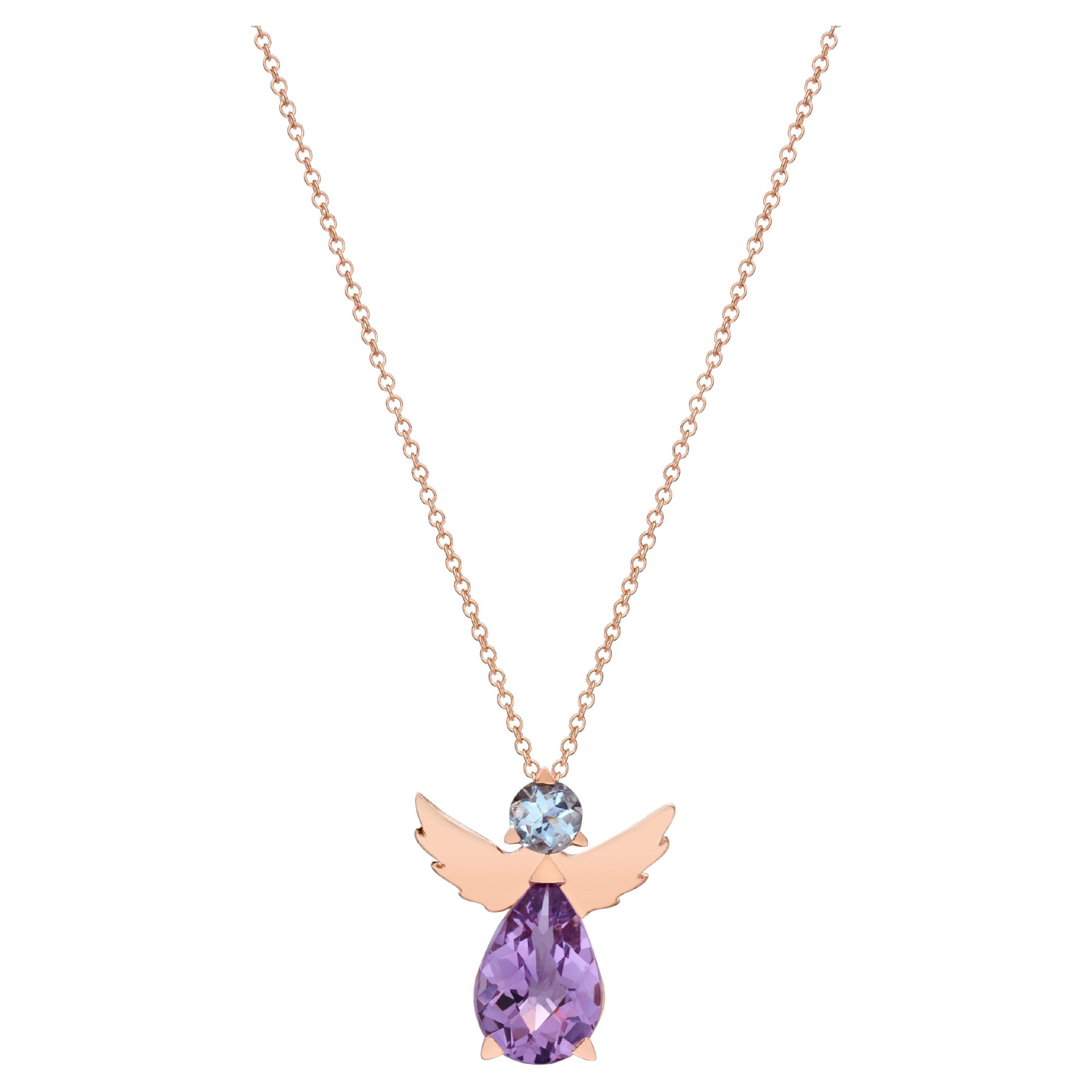 Angel Pendant Necklace 18kt Rose Gold with Blue Aquamarine and Purple Amethyst For Sale