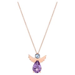 Engel-Anhänger Halskette 18kt Rose Gold mit blauem Aquamarin und lila Amethyst