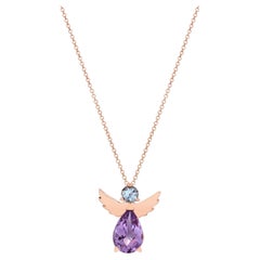 Collana con ciondolo Angelo in oro rosa 18kt con acquamarina blu e ametista viola