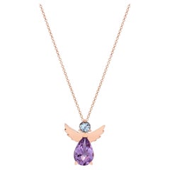 Collier pendentif ange en or rose 18 ct avec aigue-marine bleue et améthyste violette