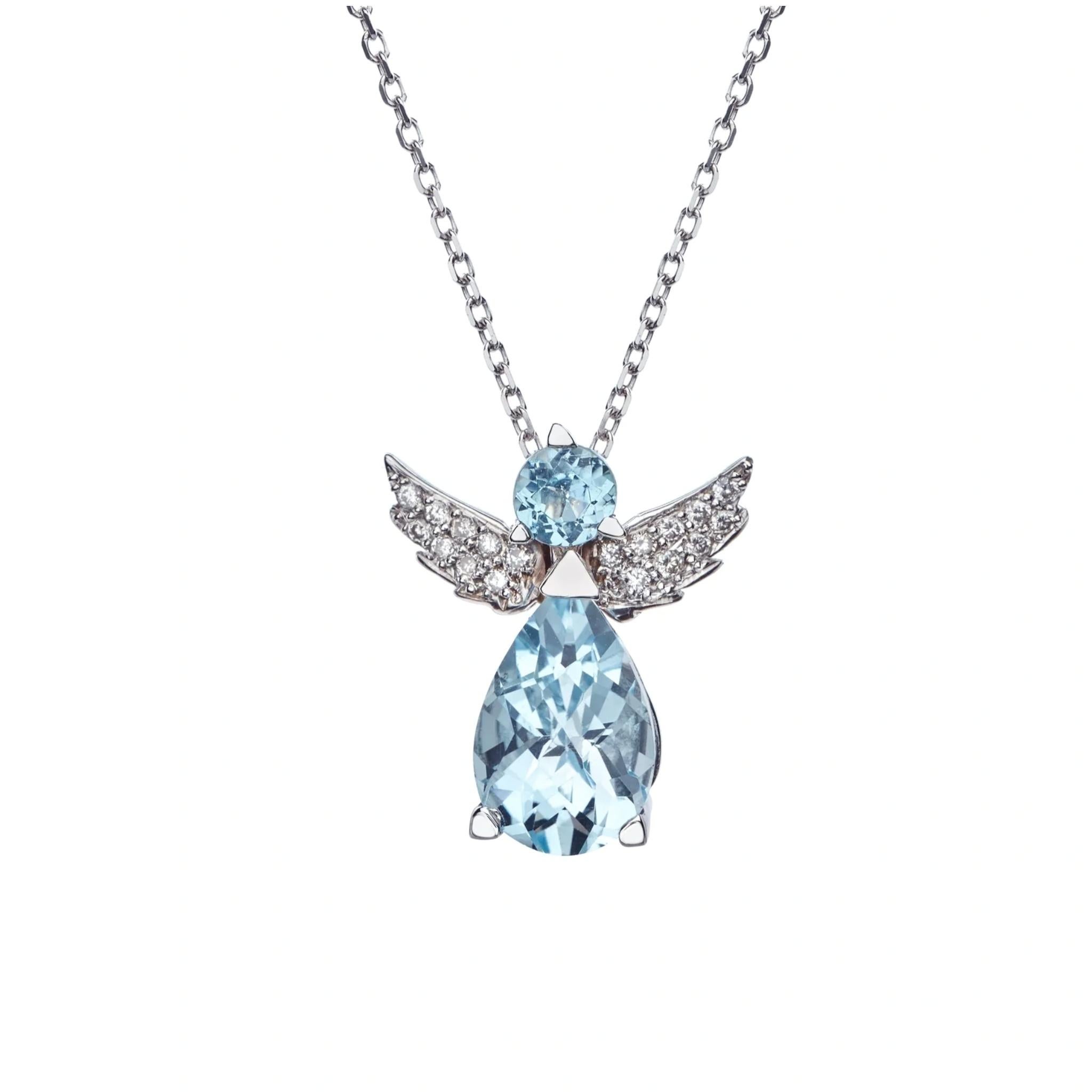 Taille poire Collier pendentif en forme d'ange en or blanc 18 carats avec topaze bleue et diamants, cadeau pour elle en vente