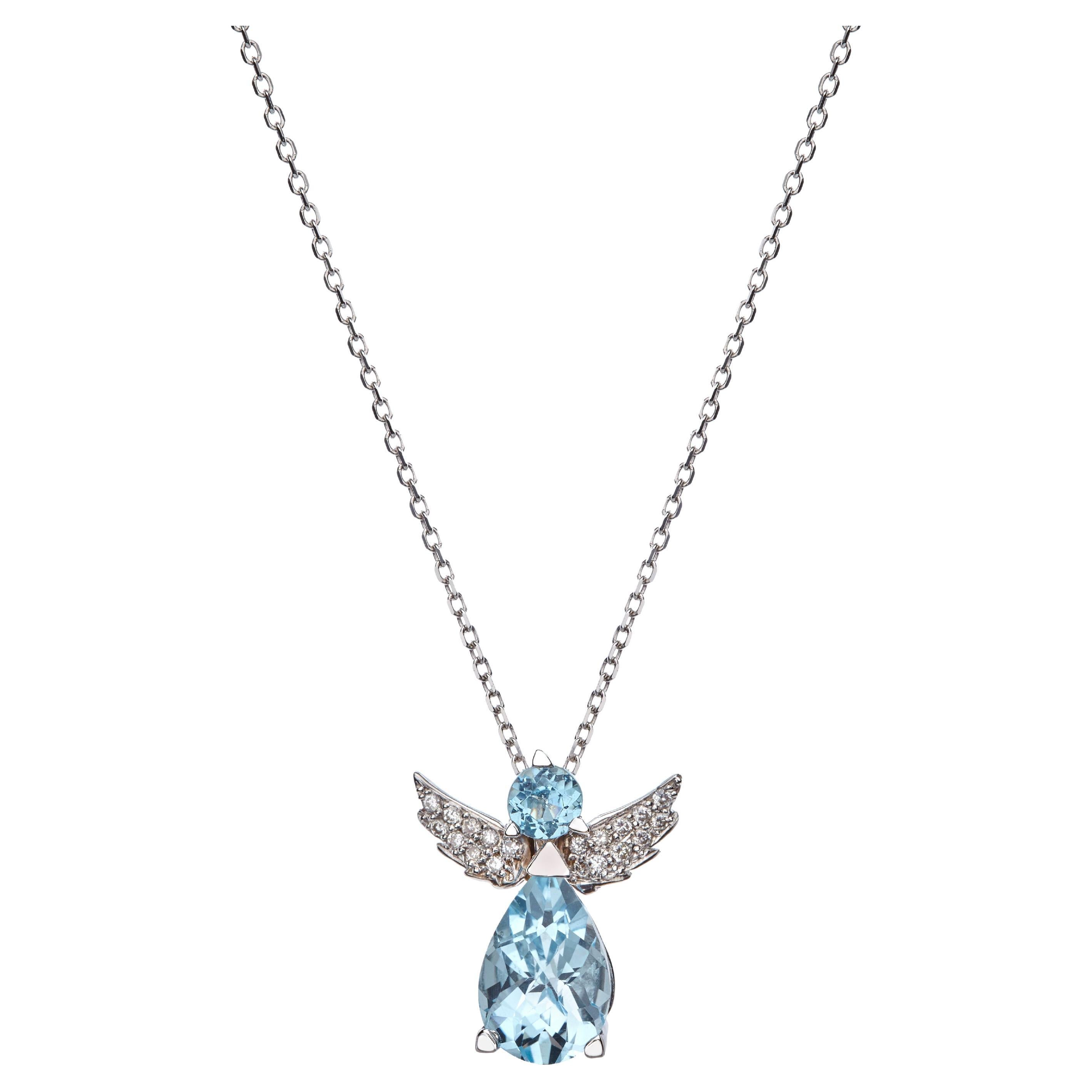 Collier pendentif en forme d'ange en or blanc 18 carats avec topaze bleue et diamants, cadeau pour elle