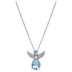 Angel Pendant Necklace 18Kt White Gold with Blue Topaz and Diamonds Gift for Her