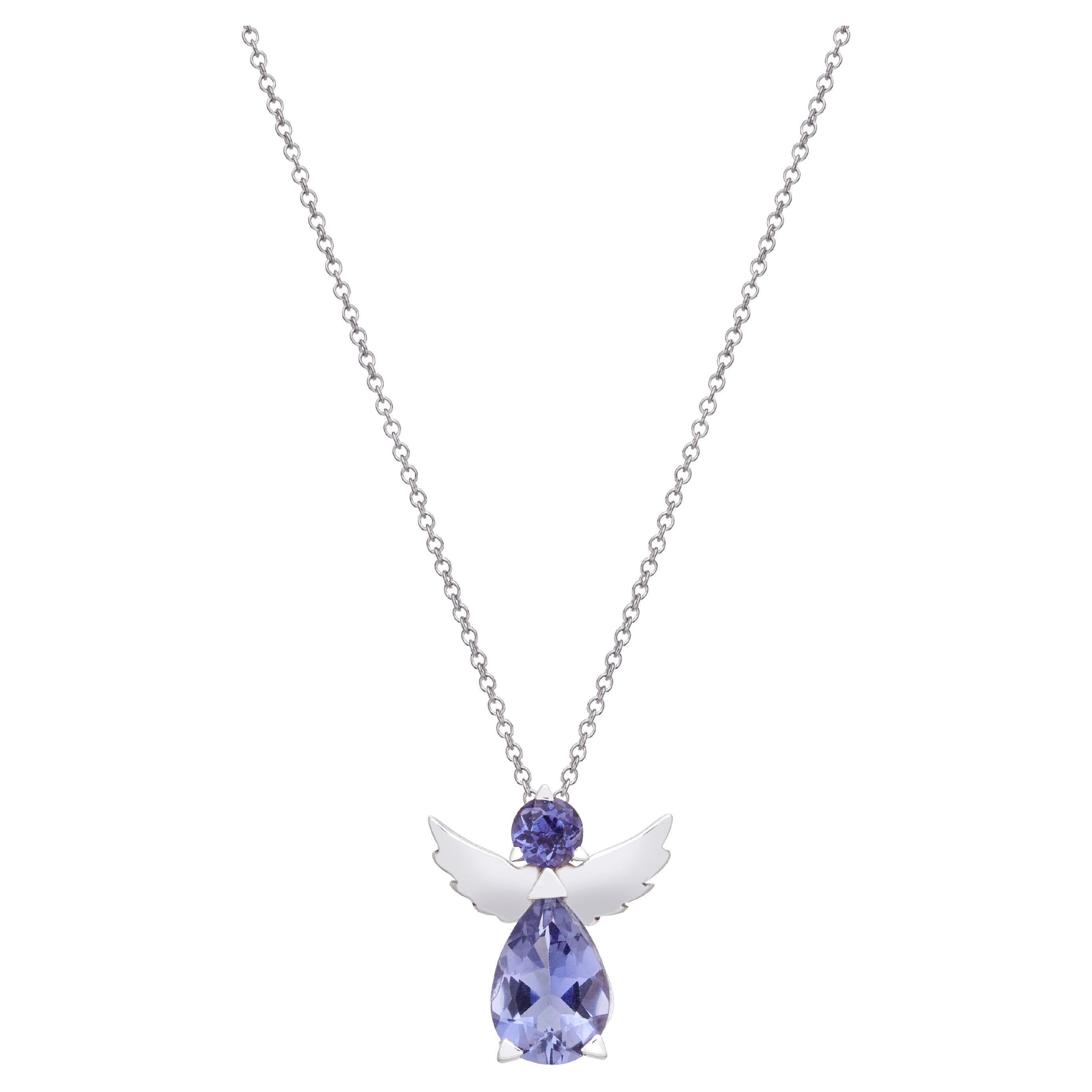 Angel Pendant Necklace 18Kt White Gold with a Very Peri Pear and Round Iolite For Sale