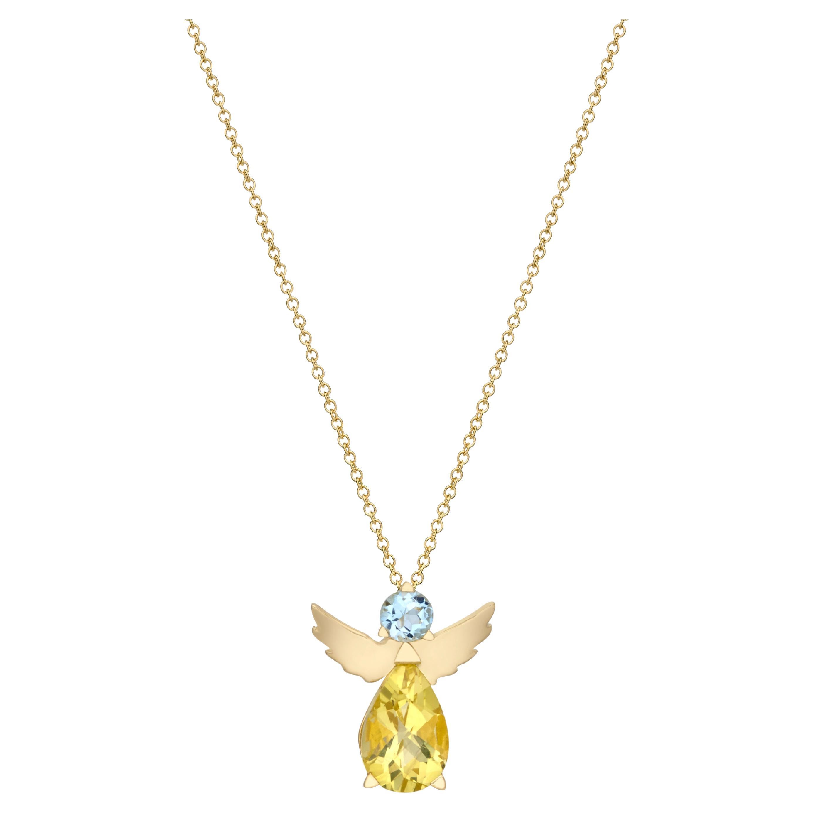 Angel Pendant Necklace 18Kt Yellow Gold Lemon Quartz Aquamarine Gift for Her For Sale