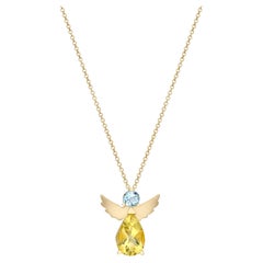 Angel Pendant Necklace 18Kt Yellow Gold Lemon Quartz Aquamarine Gift for Her