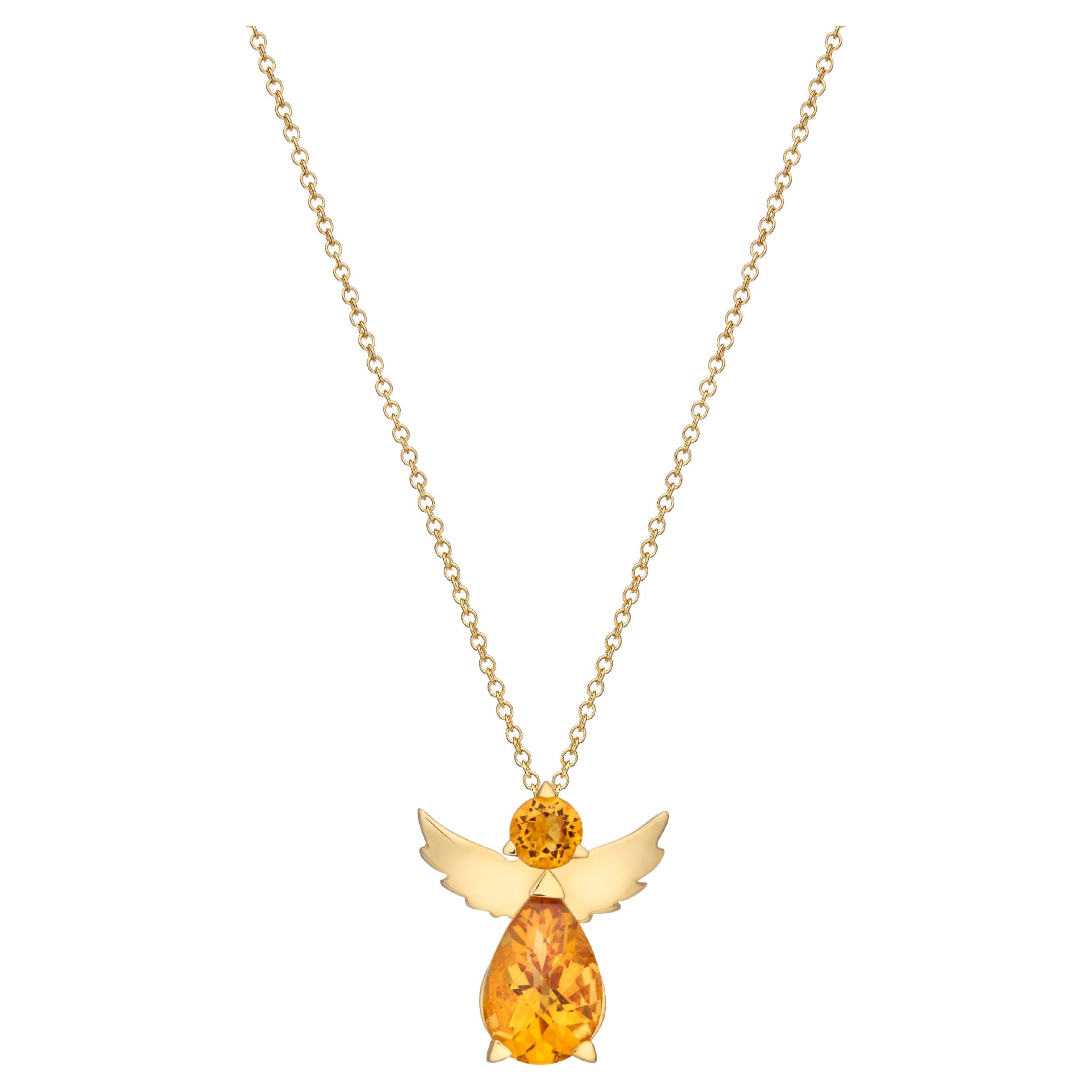 Angel Pendant Necklace 18Kt Yellow Gold Pear Yellow Citrine Best Gift for Her