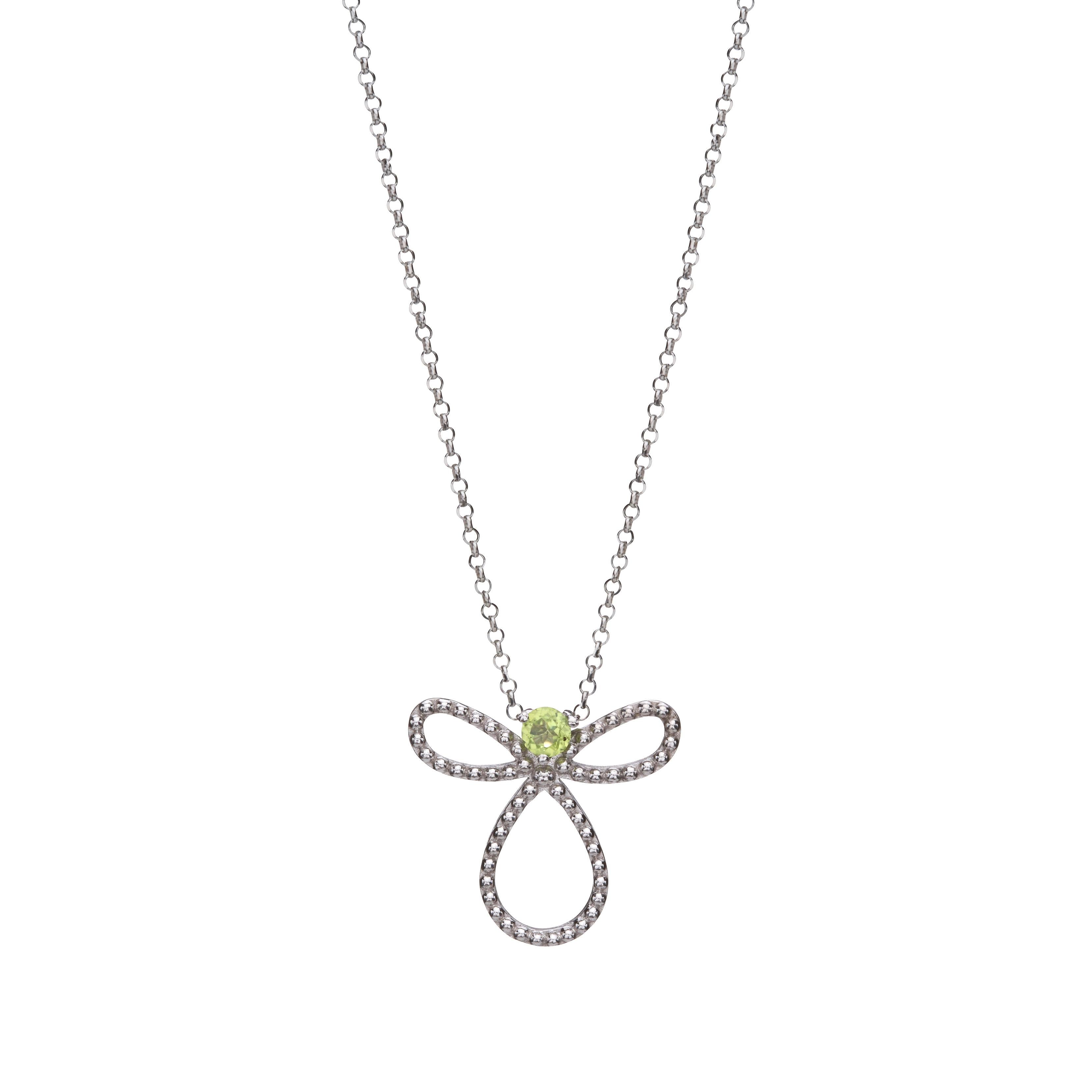 Modern Angel Pendant Necklace in 14Kt White Gold and Round Green Peridot For Sale