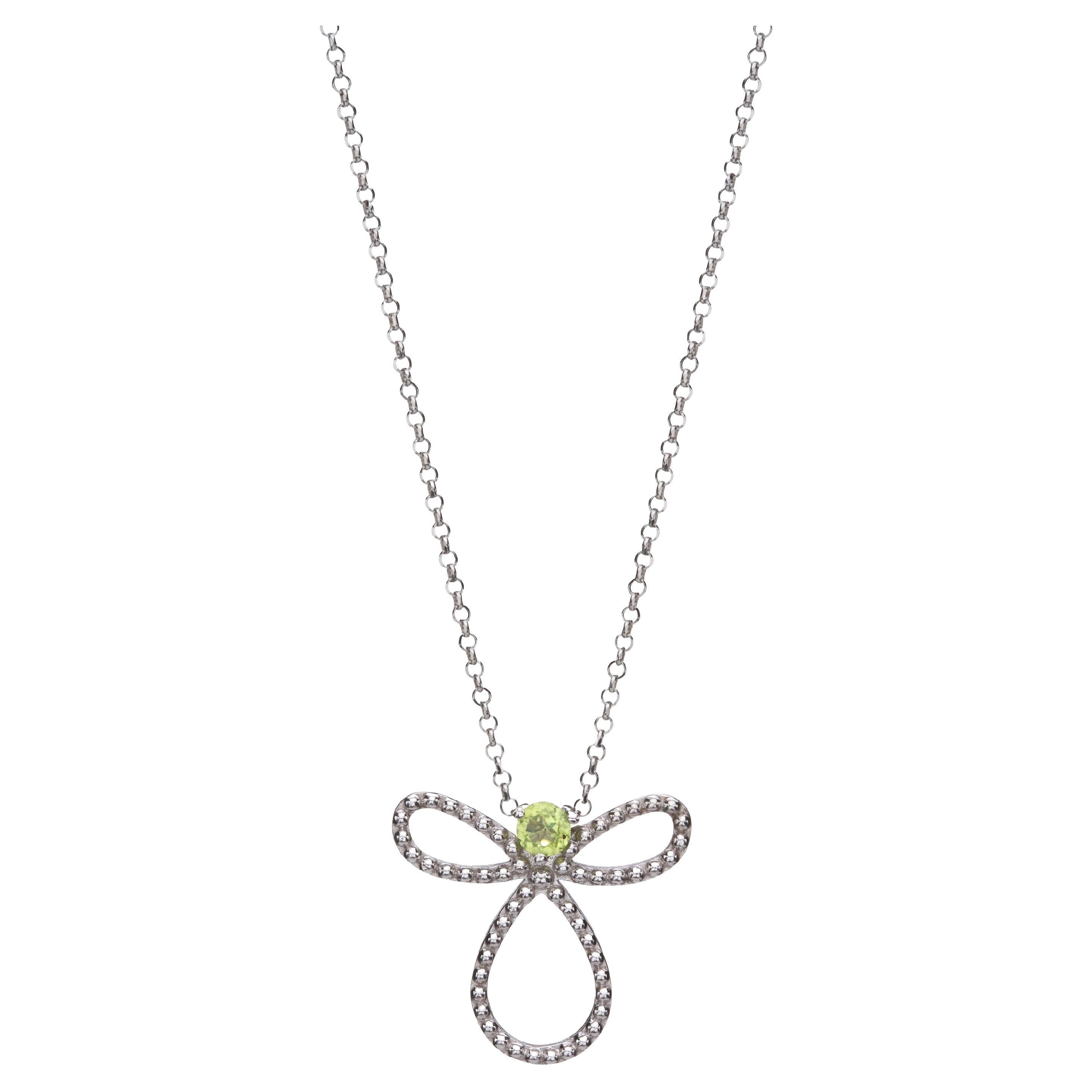 Angel Pendant Necklace in 14Kt White Gold and Round Green Peridot