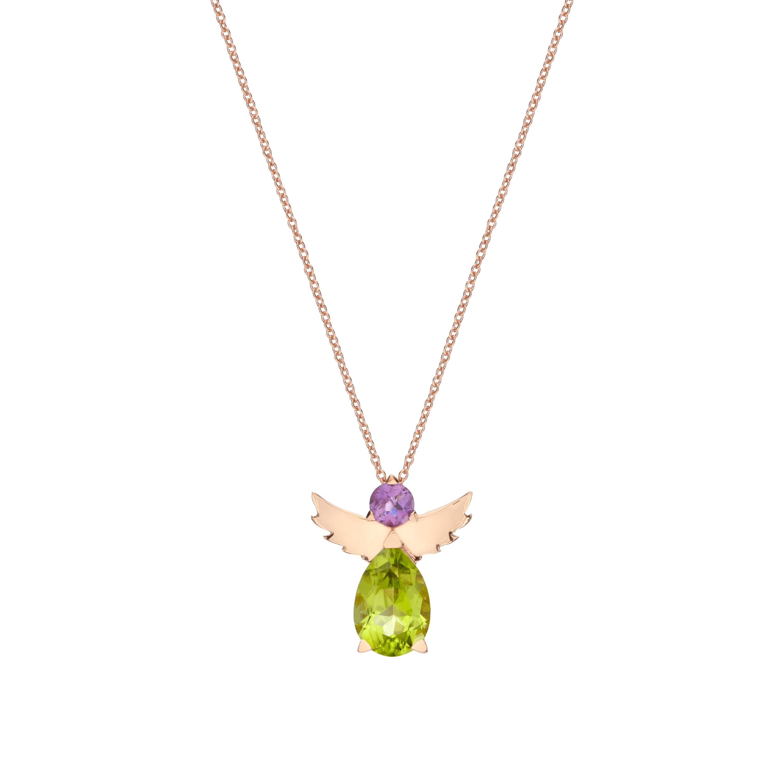 Angel Pendant Necklace in 18kt Rose Gold Purple Αmethyst and Green Peridot Gift In New Condition For Sale In Athens, GR