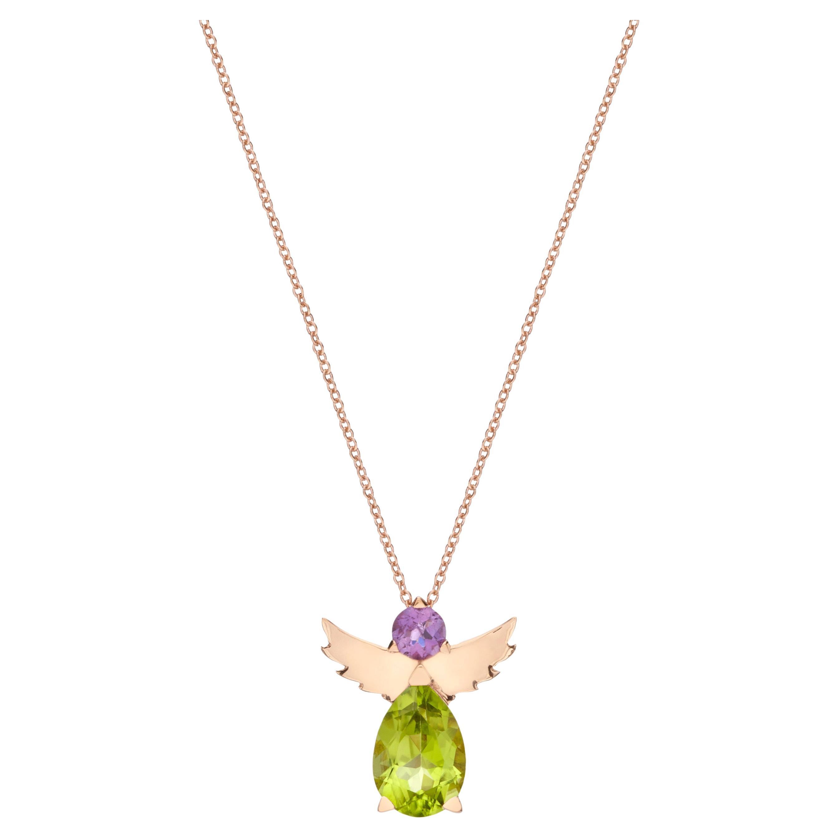 Collier pendentif ange en or rose 18 carats avec grenats violets Αmethyste et péridots verts en vente