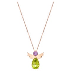 Engelsanhänger-Halskette mit Anhänger aus 18kt Roségold, lilamethyst und grünem Peridot
