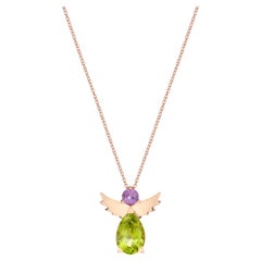 Engelsanhänger-Halskette mit Anhänger aus 18kt Roségold, lilamethyst und grünem Peridot