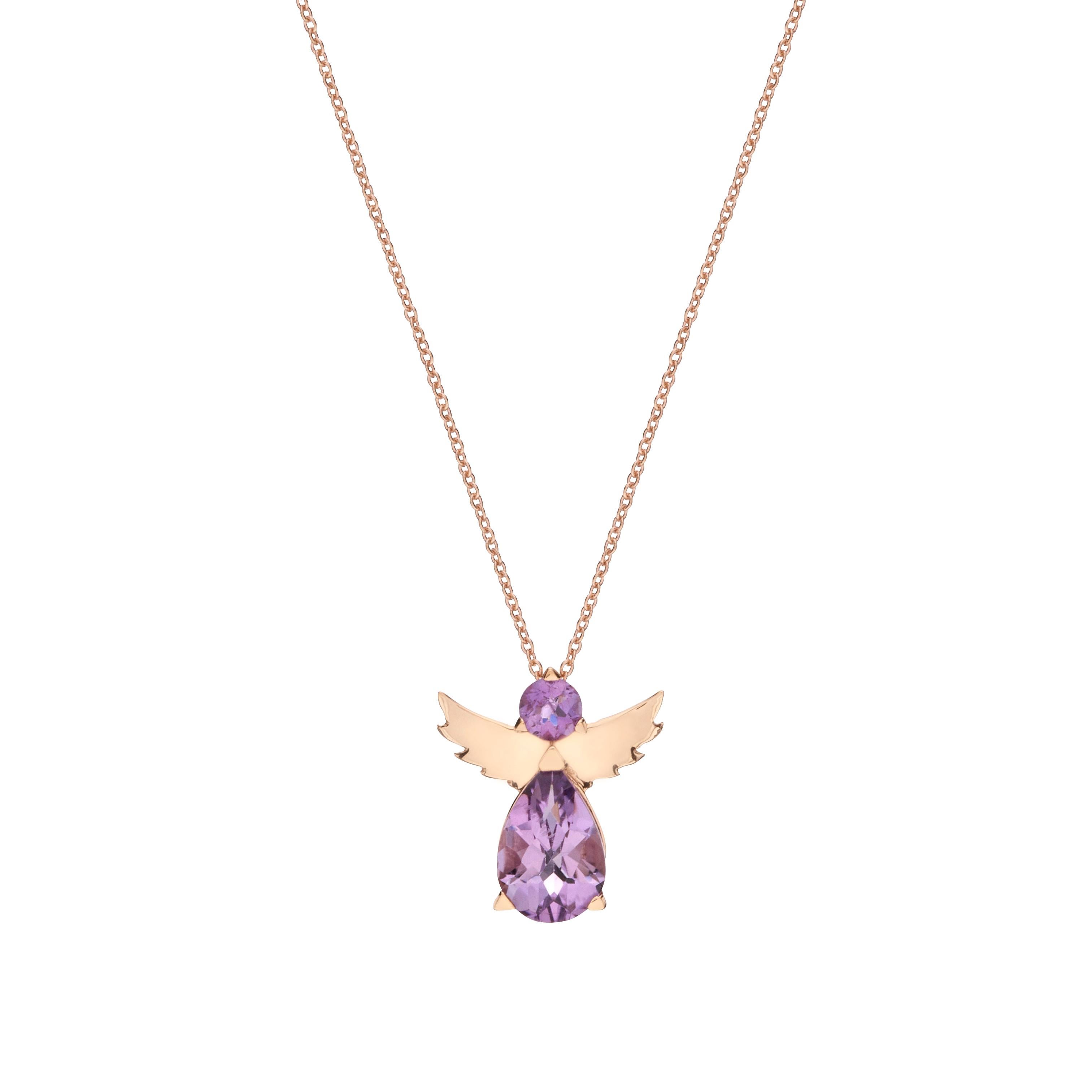 Moderne Collier pendentif ange en or rose 18 carats avec améthyste violette ronde en forme de poire en vente