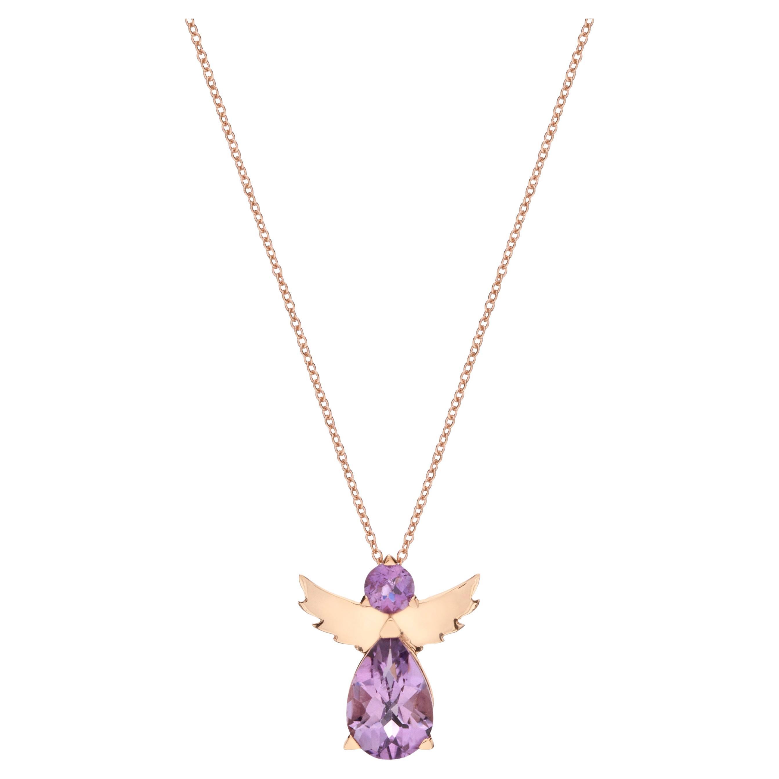 Collier pendentif ange en or rose 18 carats avec améthyste violette ronde en forme de poire en vente