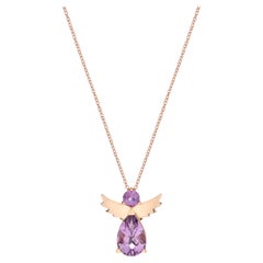 Collier pendentif ange en or rose 18 carats avec améthyste violette ronde en forme de poire