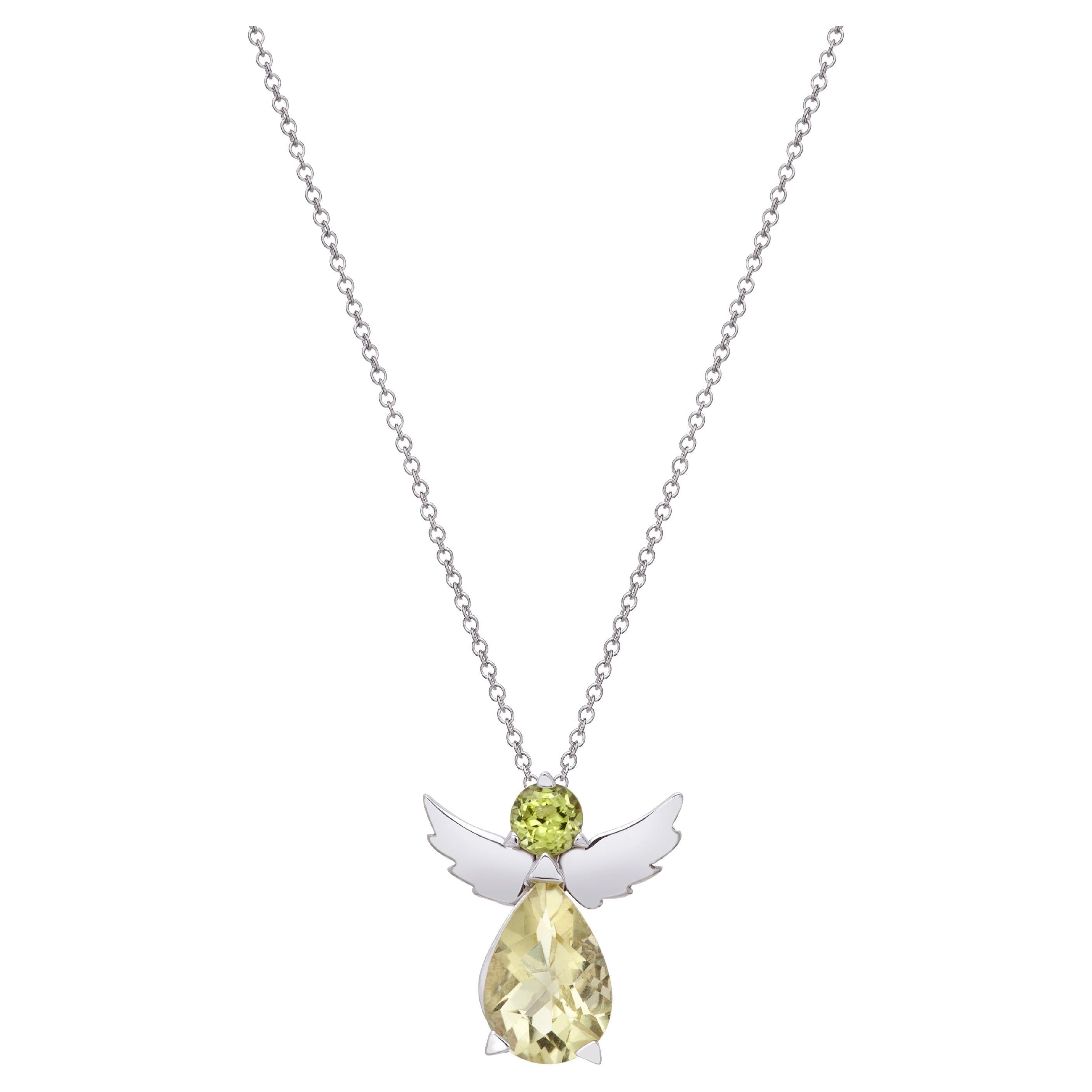 Angel Pendant Necklace in 18Kt White Gold with Green Peridot and Lemon Quartz For Sale