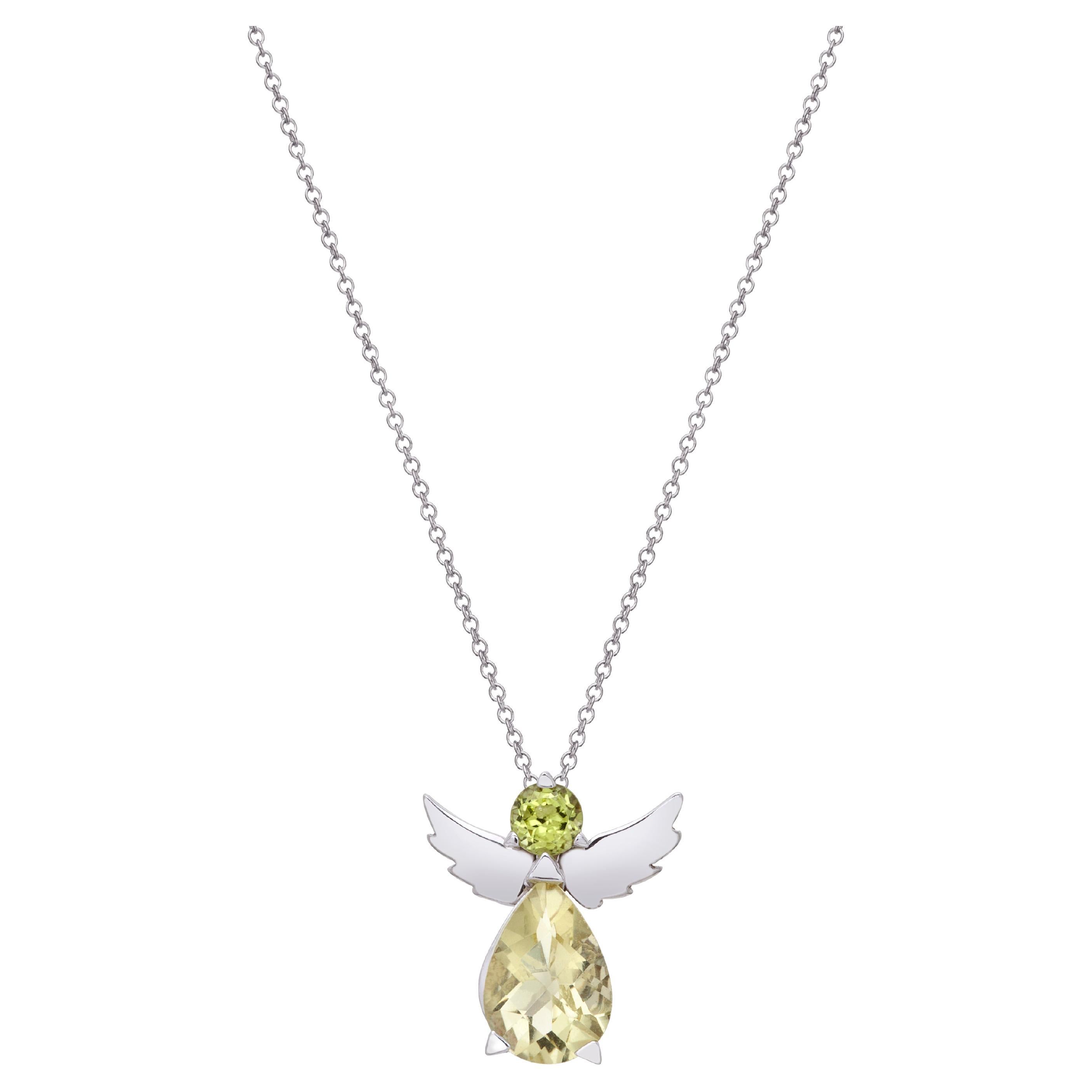 Collier pendentif ange en or blanc 18 carats avec péridot vert et quartz citron