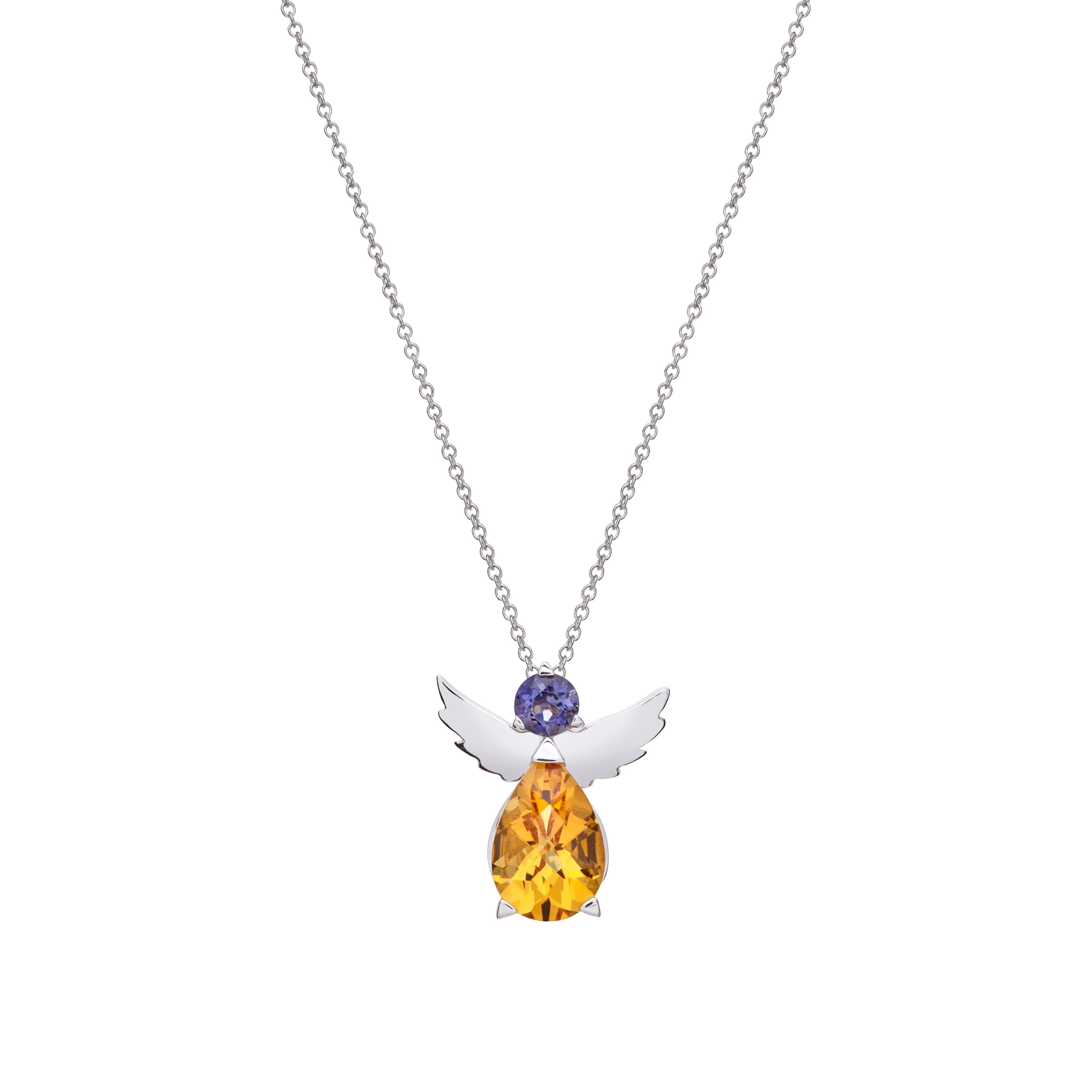 Modern Angel Pendant Necklace in 18Kt White Gold with Yellow Citrine and Blue Iolite For Sale
