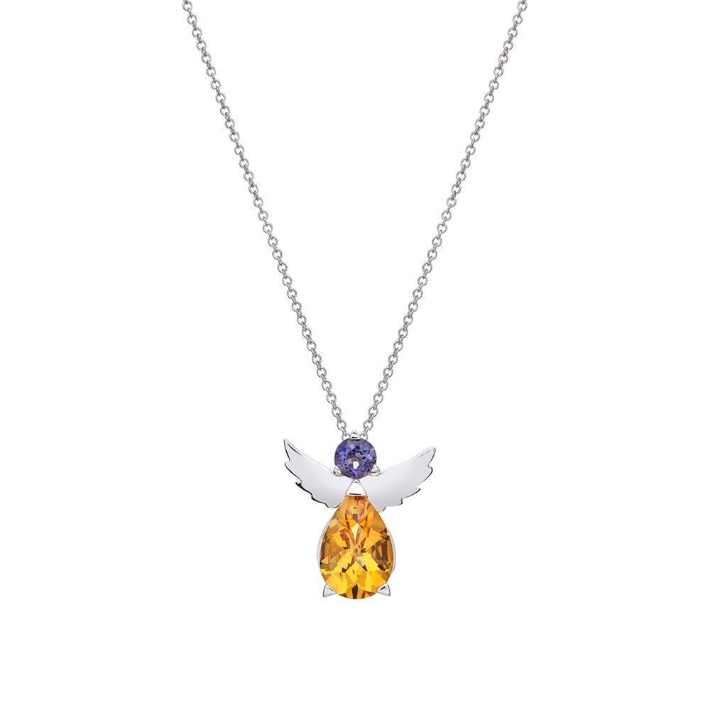 Angel Pendant Necklace in 18Kt White Gold with Yellow Citrine and Blue Iolite For Sale