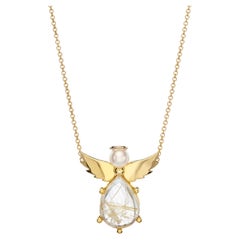 Angel Pendant Necklace in 18Kt Yellow Gold with Pearl and Pear Rutilated Quartz