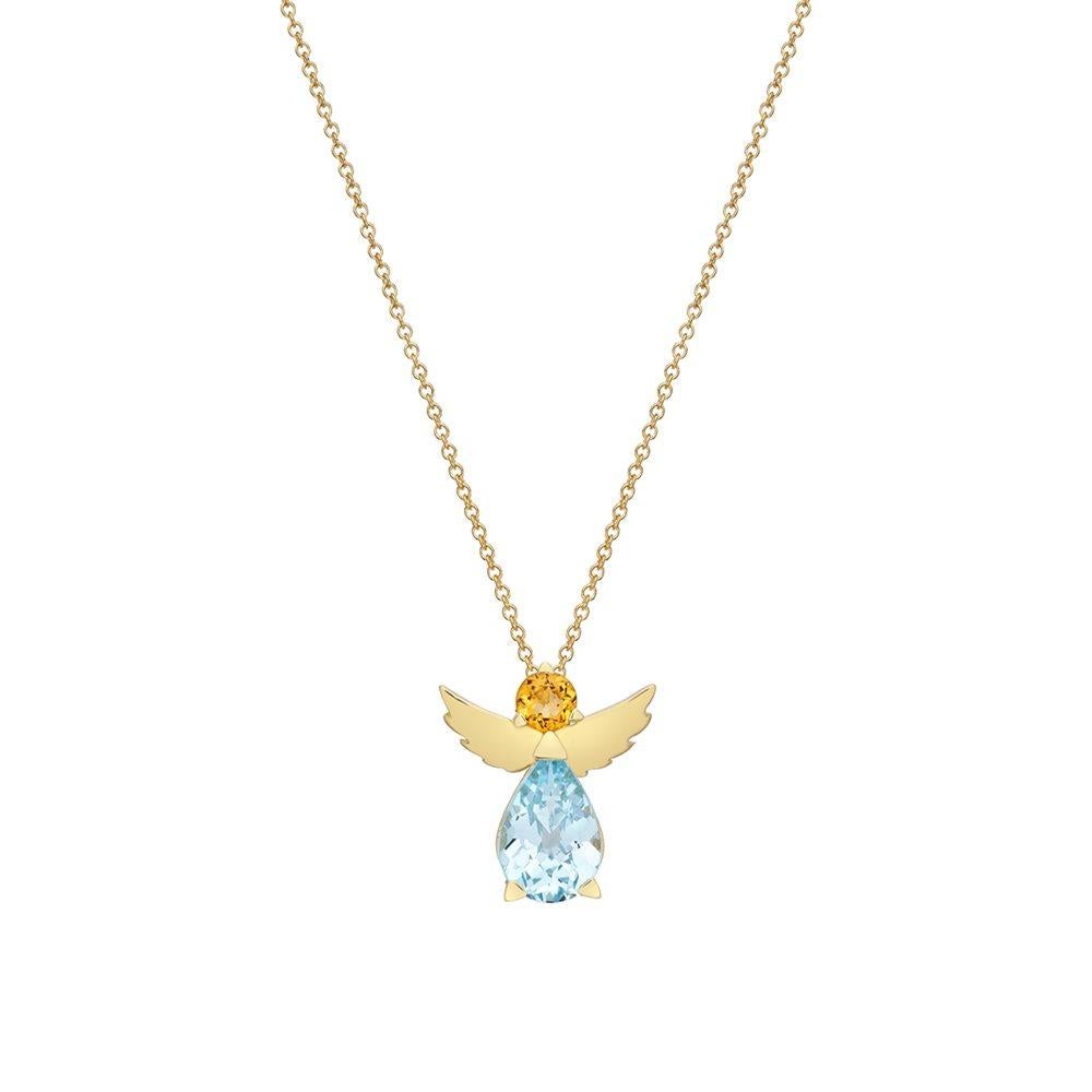 Collier pendentif ange en or jaune 18 carats avec topaze bleue, citrine jaune