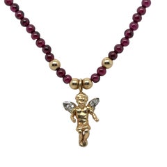 Angel Pendant with Diamond Wings on Tourmaline Bead Necklace – 14k Gold